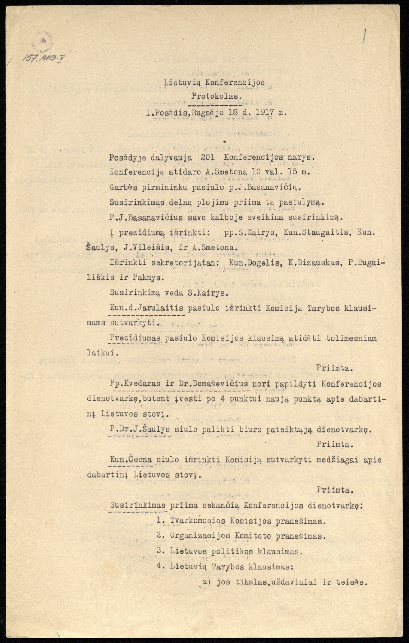 Lietuvių konferencijos protokolas. I Posėdis, 1917 m. rugsėjo 18 d. Mašinraštis