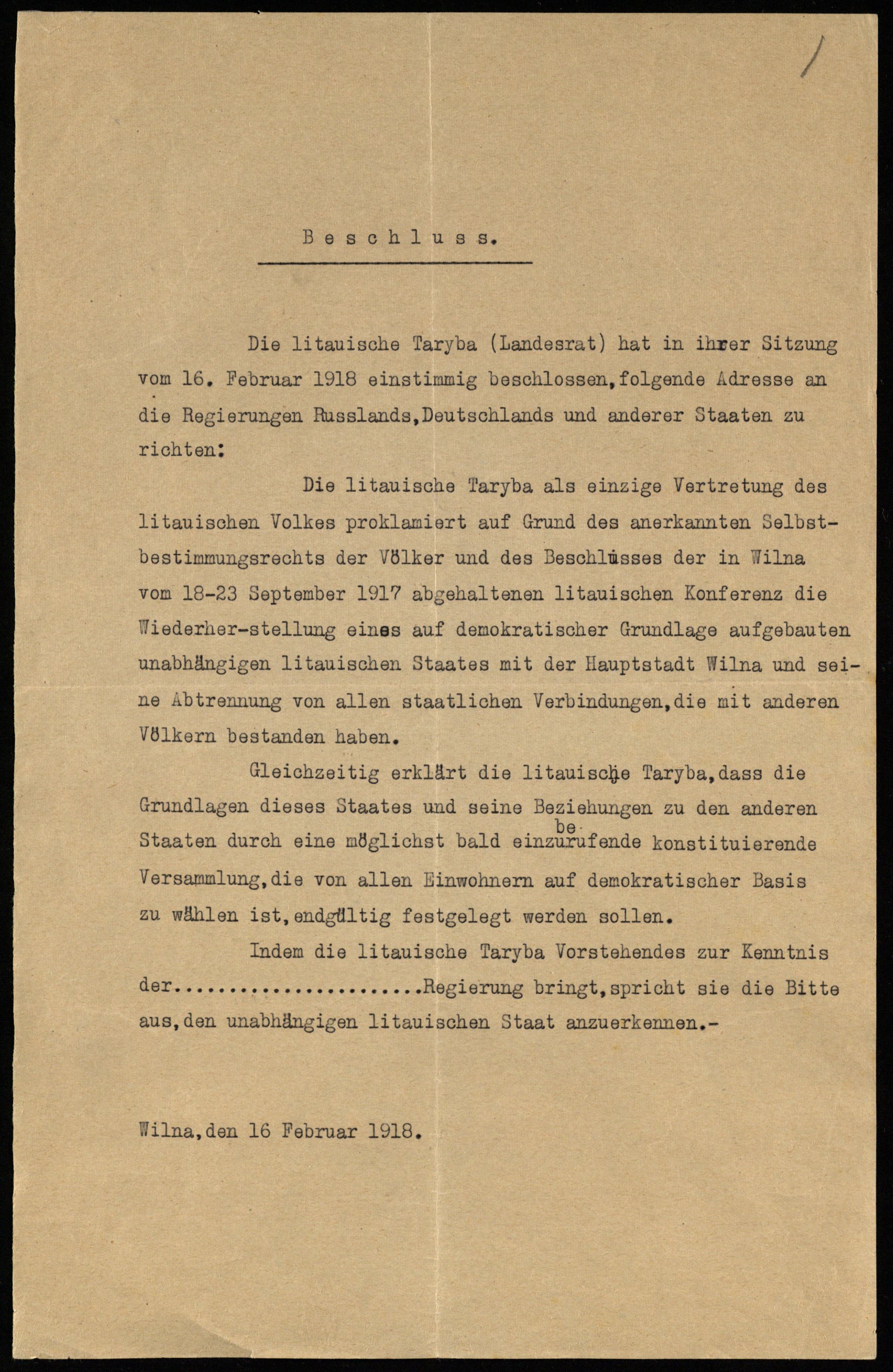1918 m. vasario 16-osios Nepriklausomybės Akto vertimas į vokiečių kalbą