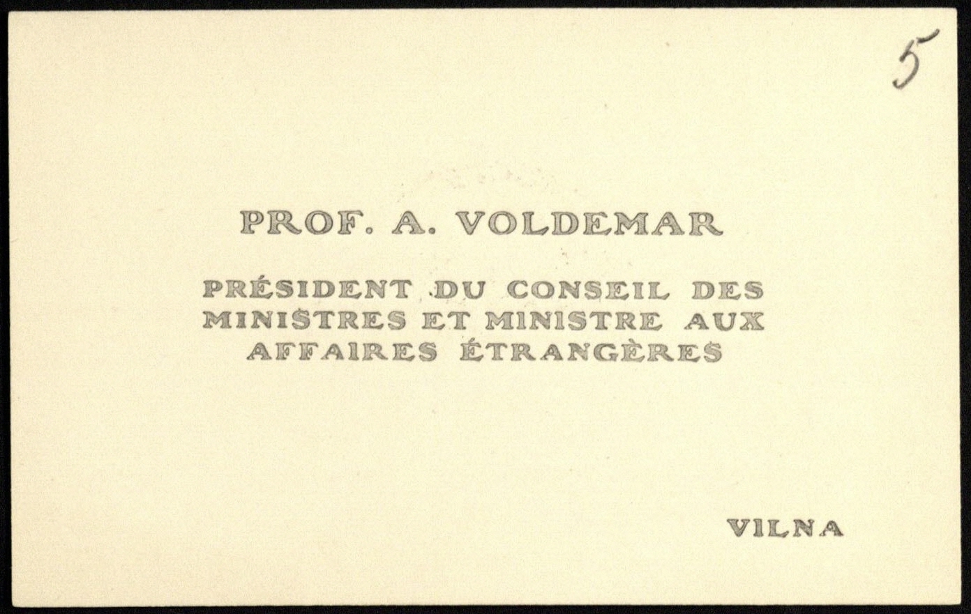 Ministro pirmininko Augustino Voldemaro vizitinė kortelė. Vilnius, [1918 m. lapkričio mėn.]