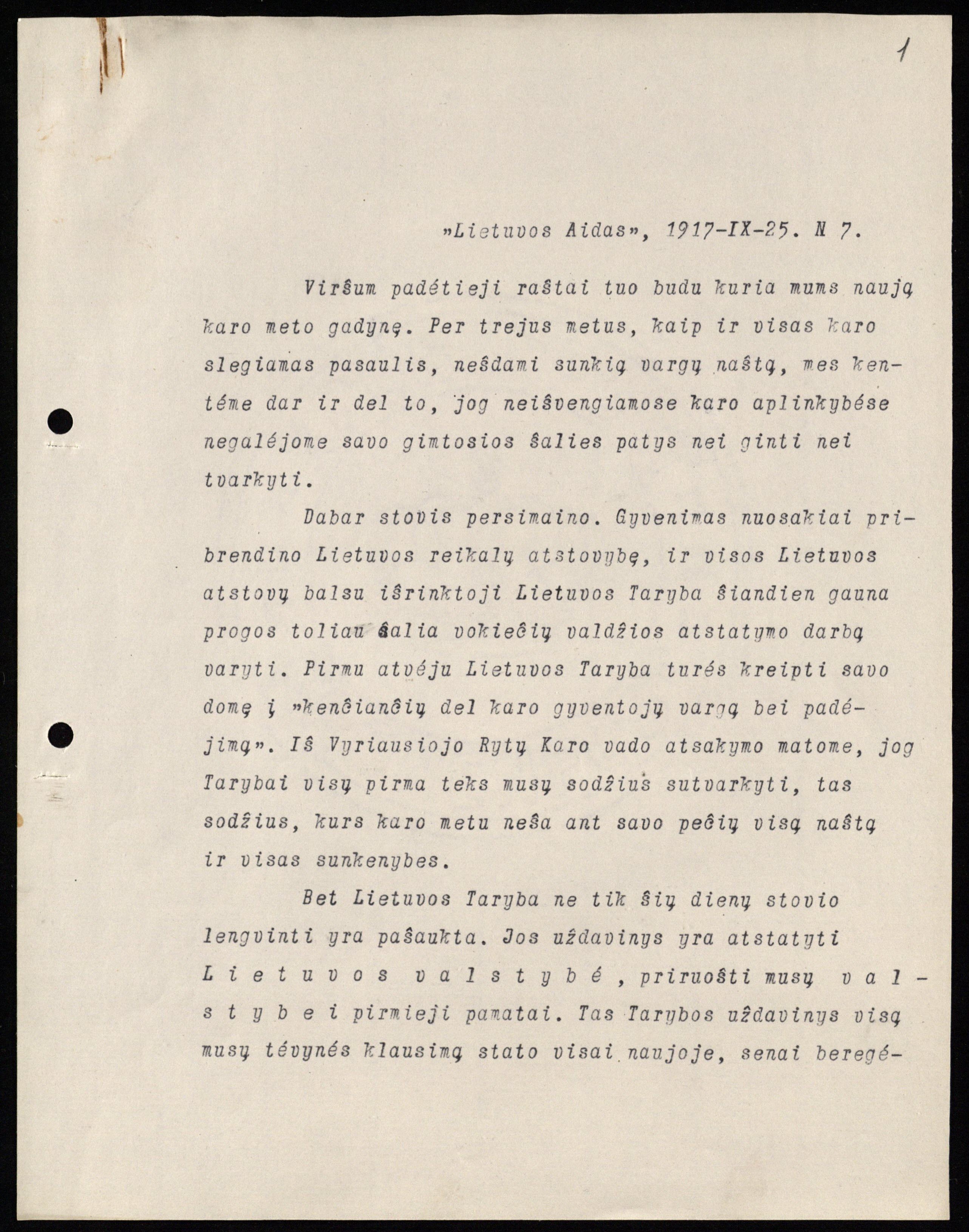 Petro Klimo vedamasis straipsnis apie Lietuvos Tarybos uždavinius „Lietuvos aido“ 1917 m. rugsėjo 25 d. nr. 7