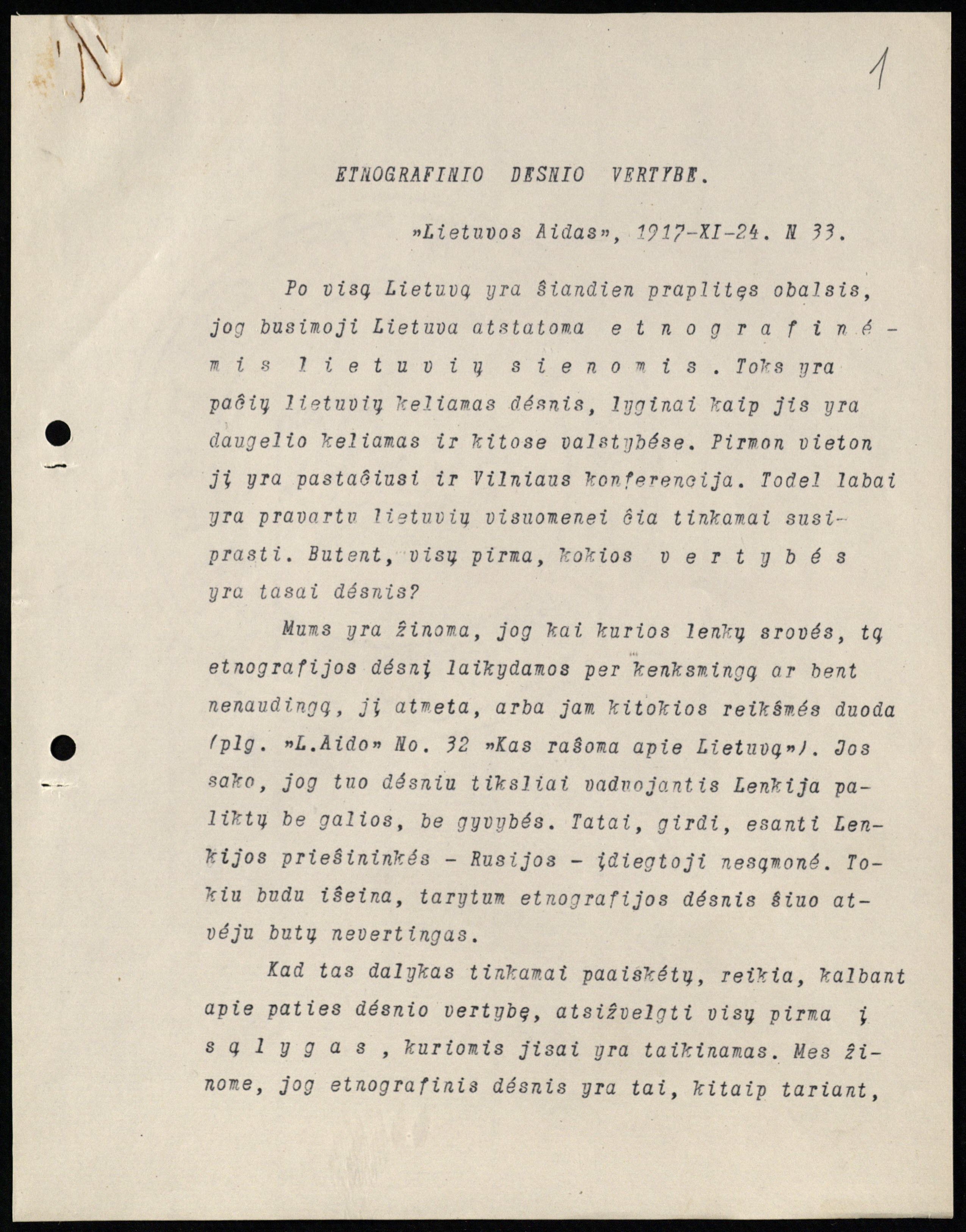 Petro Klimo straipsnio „Etnografinio dėsnio vertybė“, išspausdinto „Lietuvos aido“ 1917 m. lapkričio 24 d., nr. 33, pirmasis mašinraščio lapas. LMAVB RS, F191-40, lap. 1