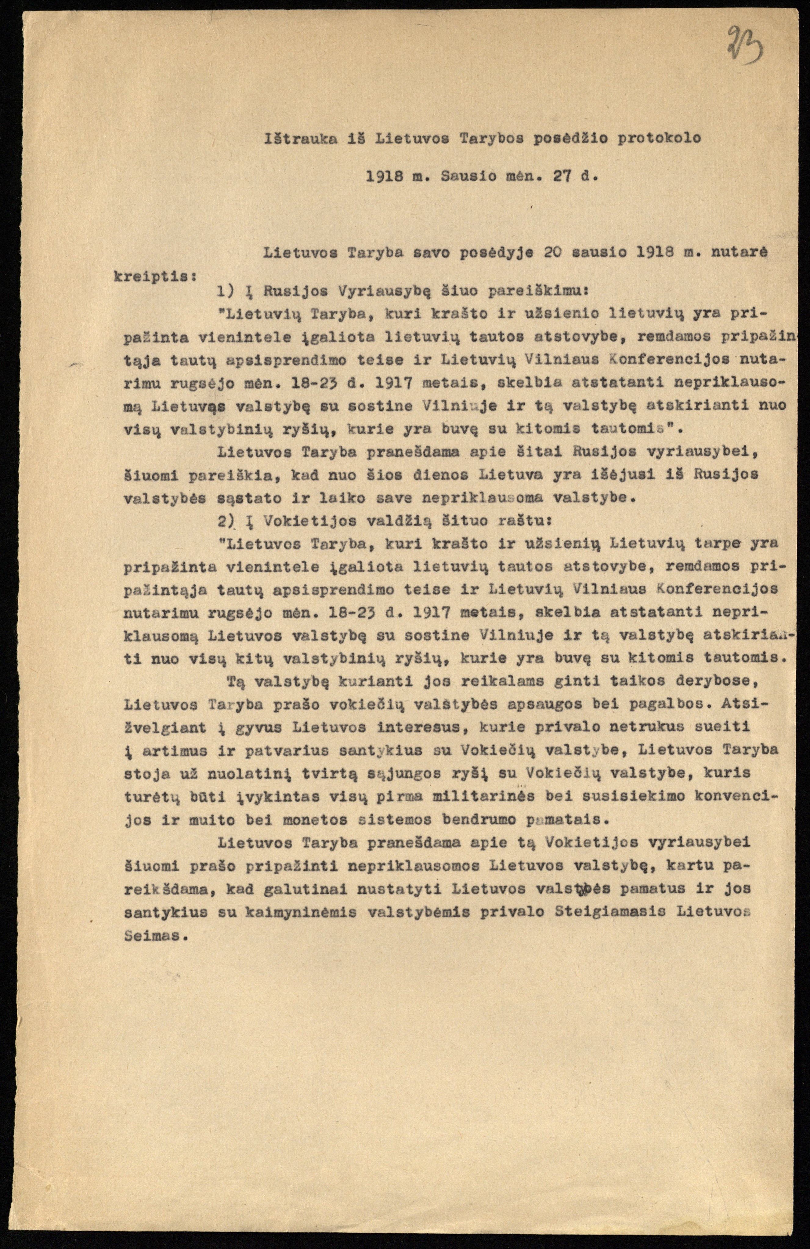 Ištrauka iš Lietuvos Tarybos posėdžio protokolo. 1918 01 27
