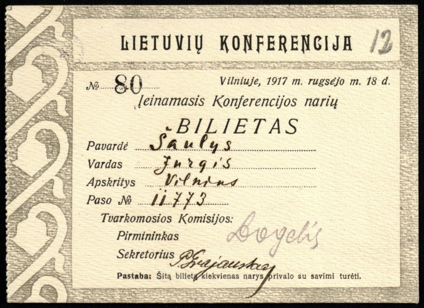 Lietuvių konferencijos dalyvio bilietas, išrašytas J. Šauliui