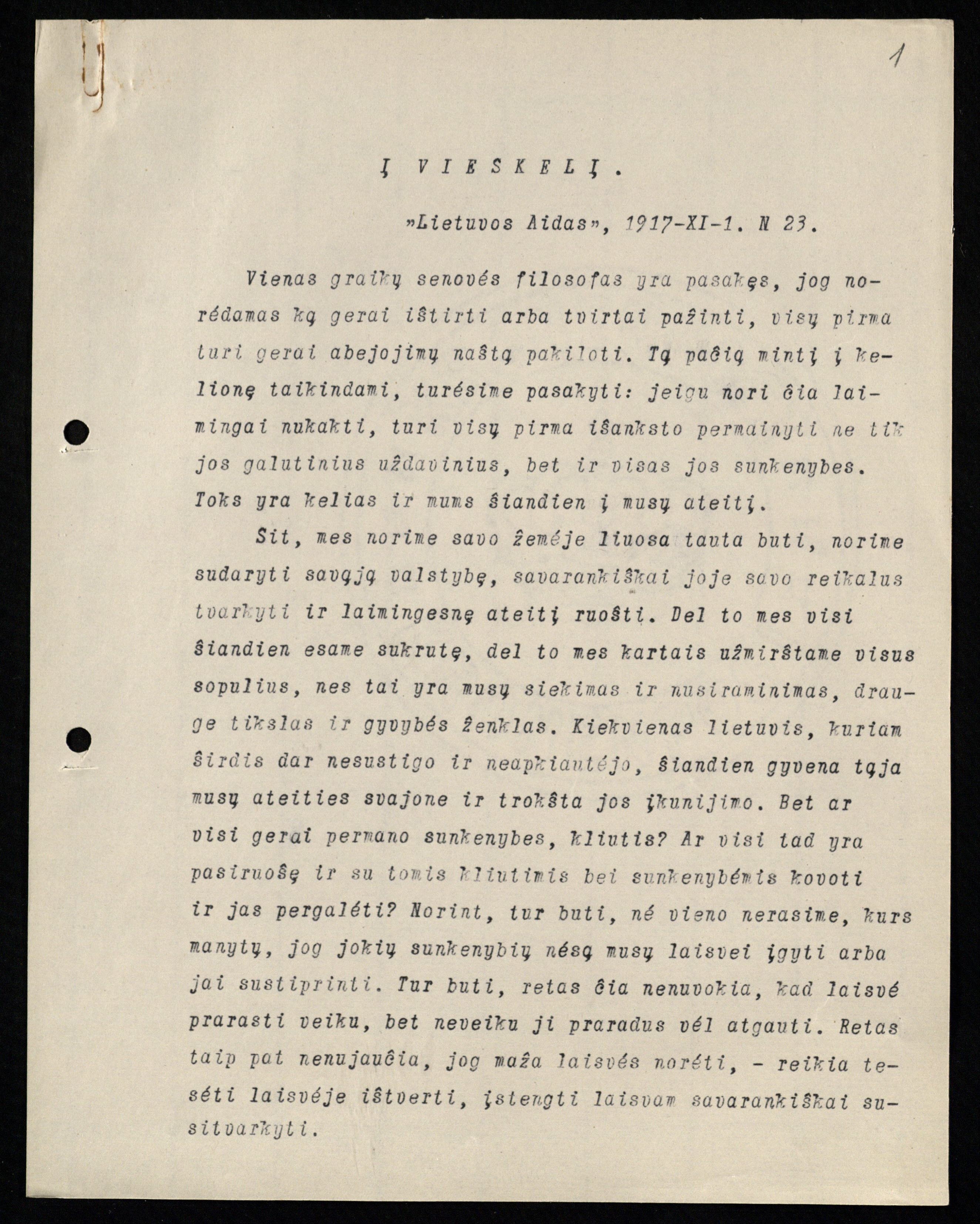 Petro Klimo vedamasis straipsnis apie tautos laisvę „Į vieškelį“ „Lietuvos aido“ 1917 m. lapkričio 1 d. nr. 23