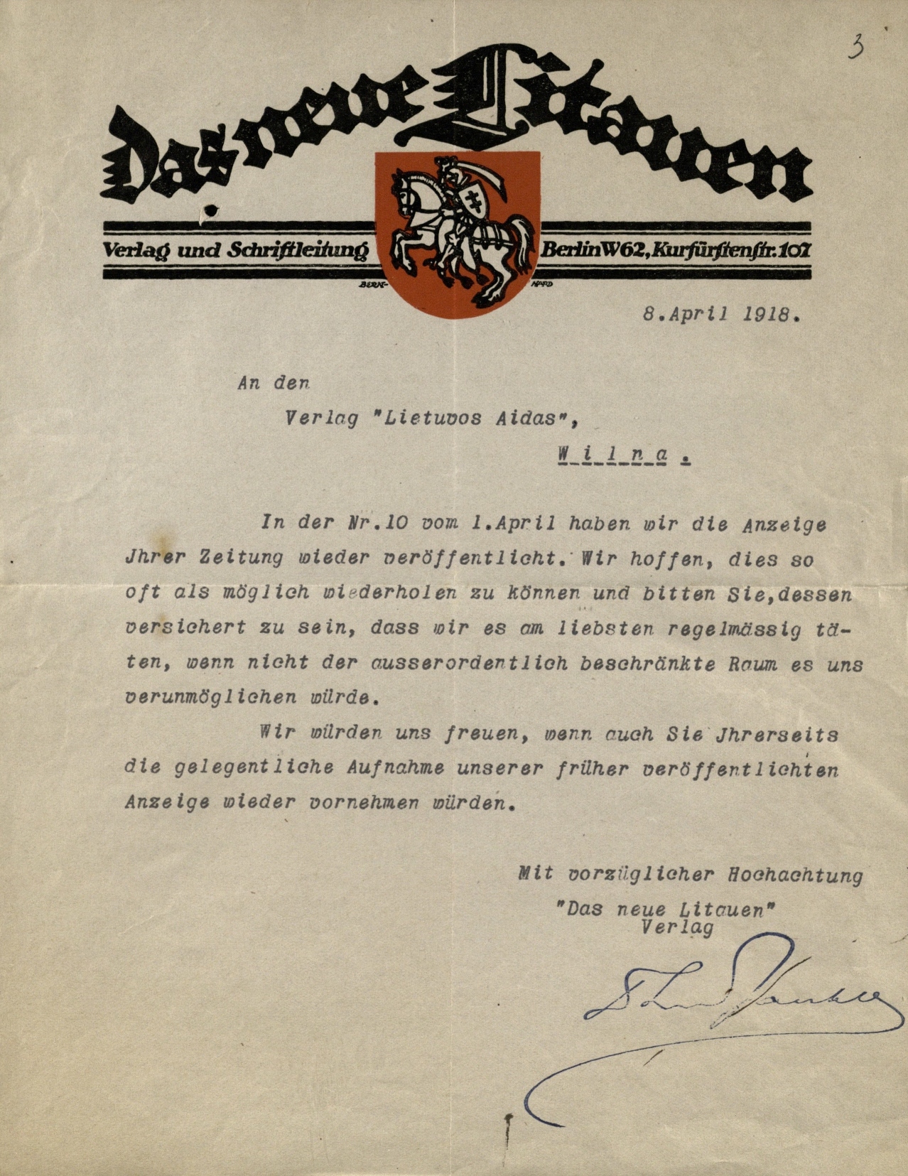 „Das neue Litauen“ leidyklos raštas „Lietuvos aido“ laikraščiui. Vilnius, 1918 04 08
