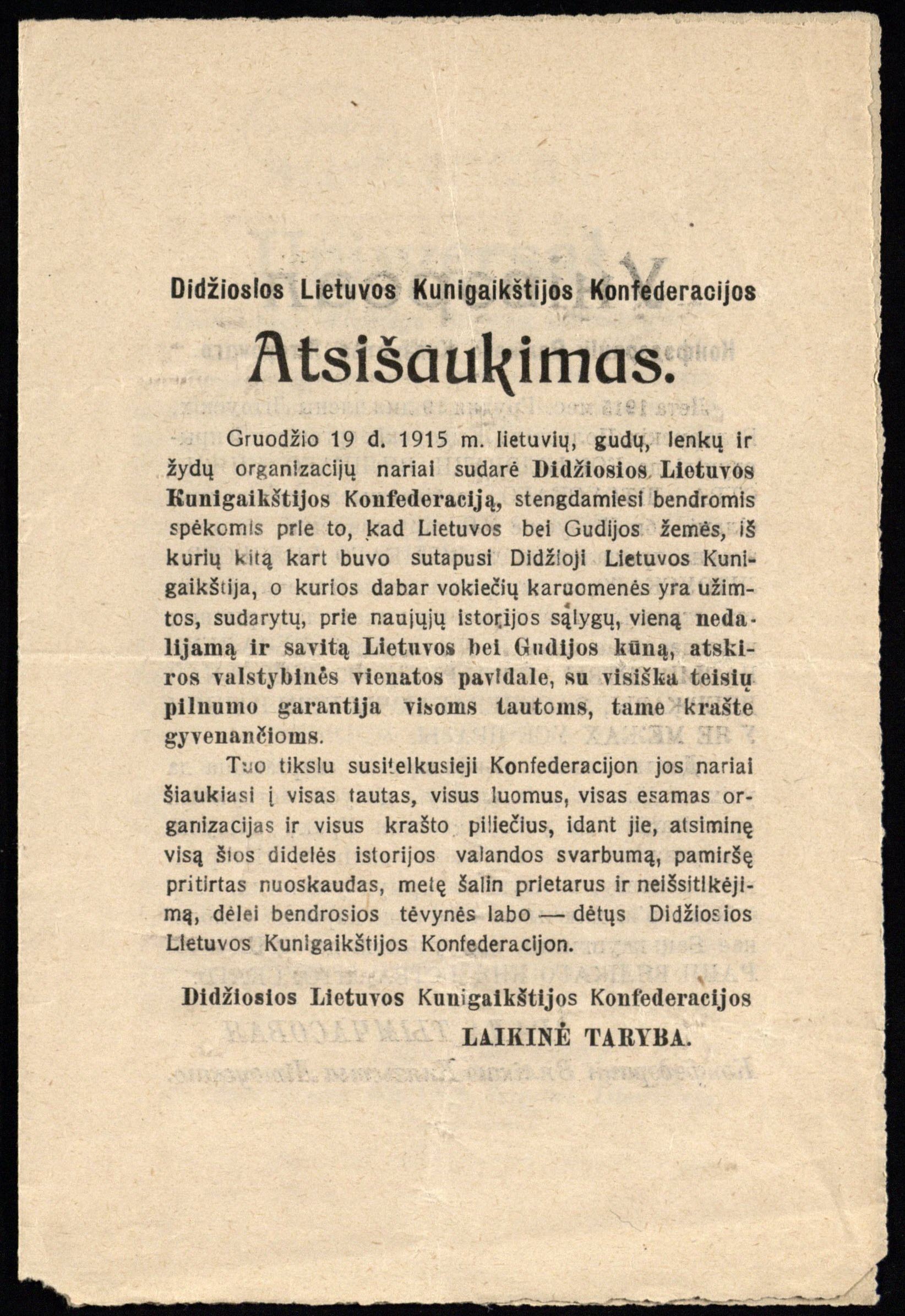 LDK Konfederacijos Laikinosios Tarybos paskelbtas „Atsišaukimas (lenk. Universalas)“. Vilnius, 1915 12 19