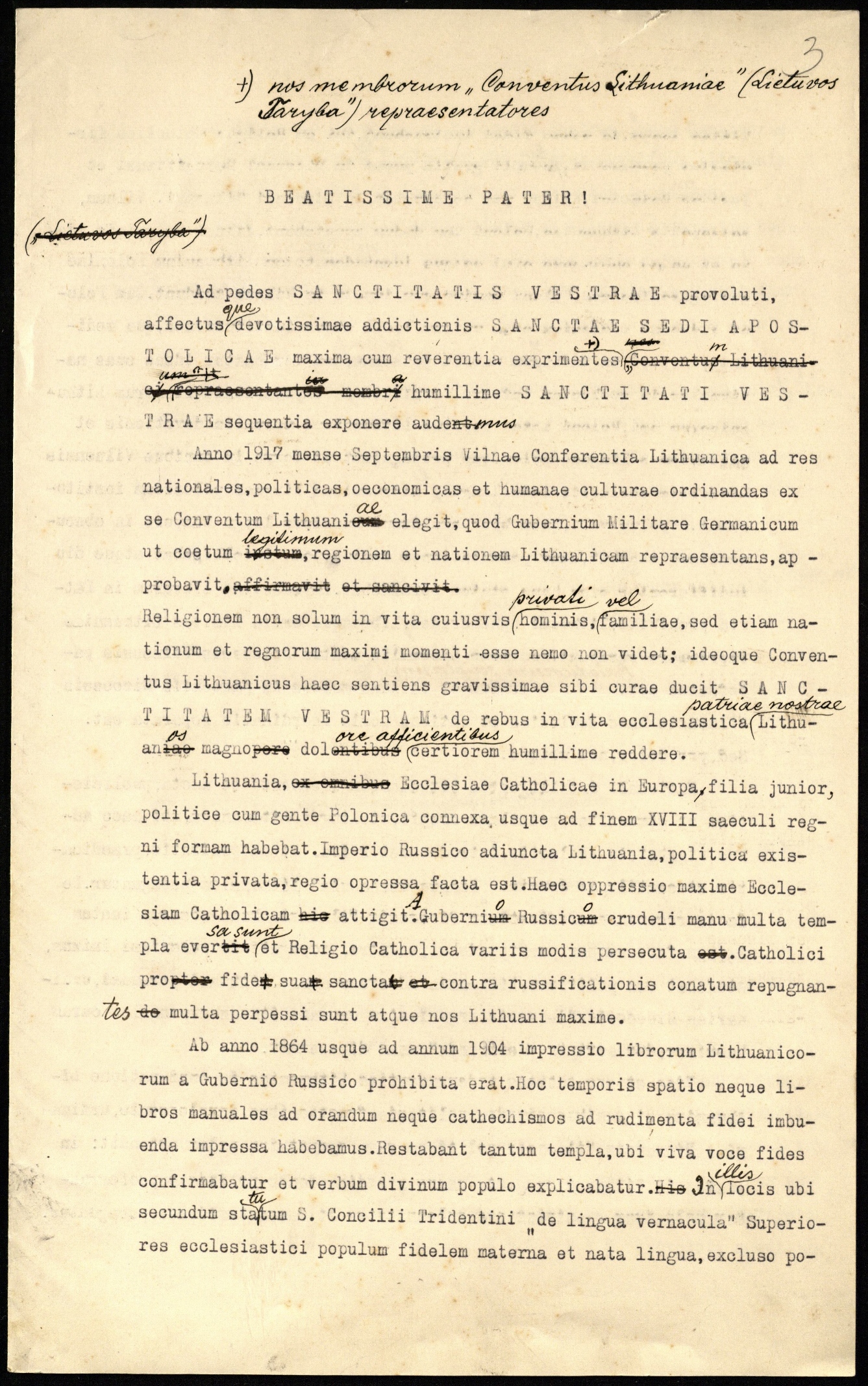 Popiežiui adresuoto Lietuvos Tarybos rašto dėl gyventojų lenkinimo per bažnyčią juodraštis. Vilnius, 1917 m. gruodžio mėn.