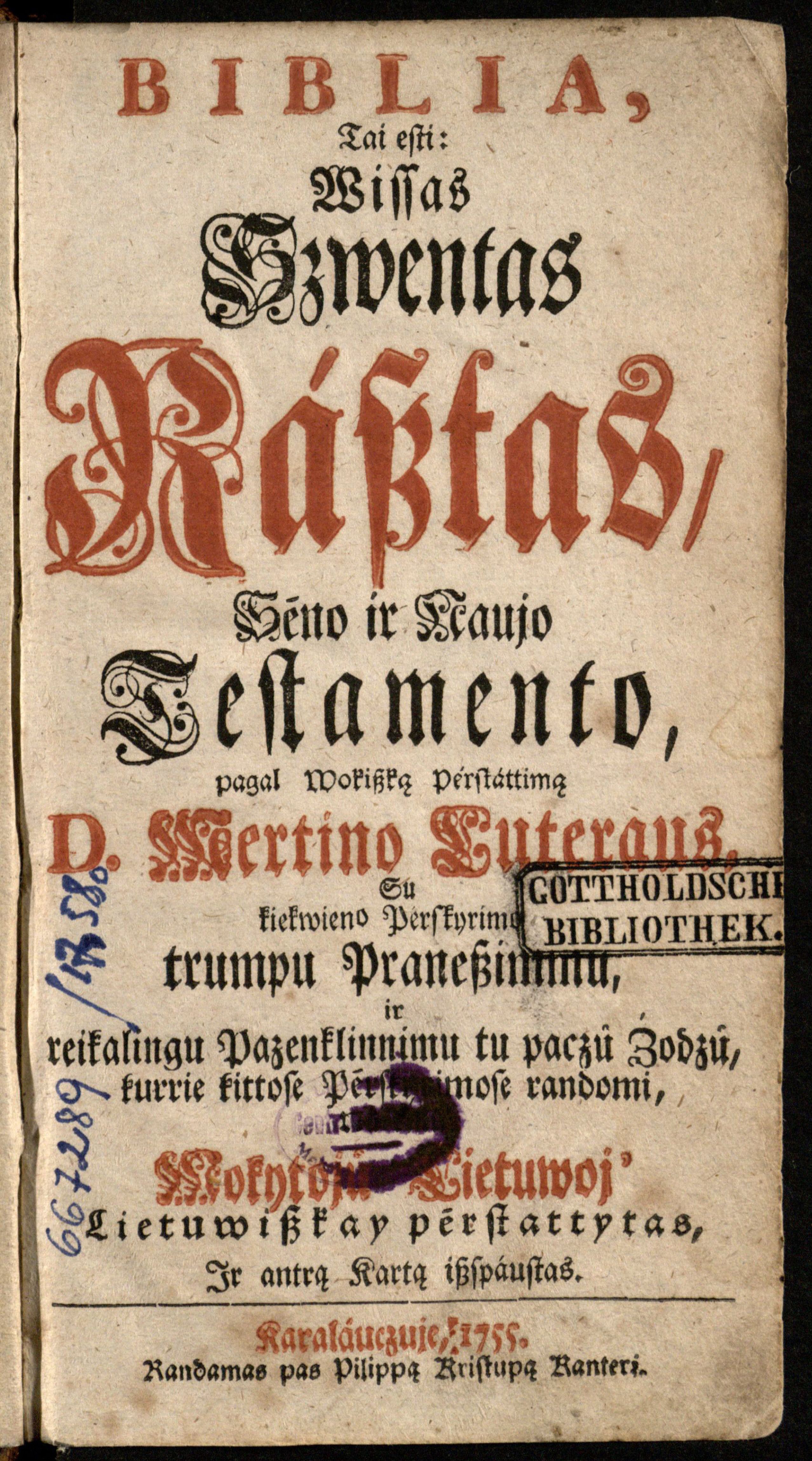 Biblia, tai esti Wissas Szwentas Rasztas … (1755)