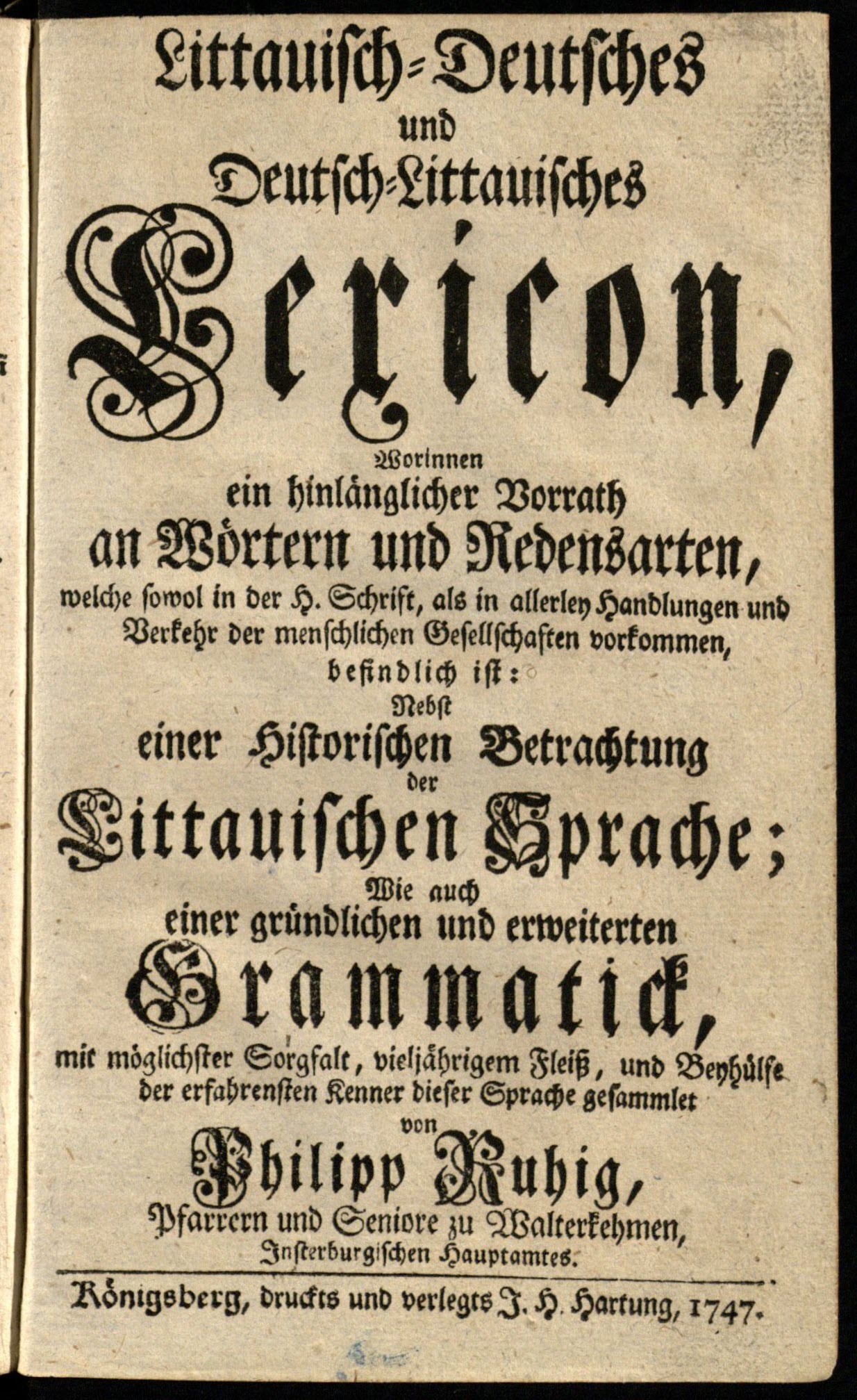 Ruigys, Pilypas (1675–1749). Littauisch–deutsches und deutsch–littauisches Lexikon (1747)