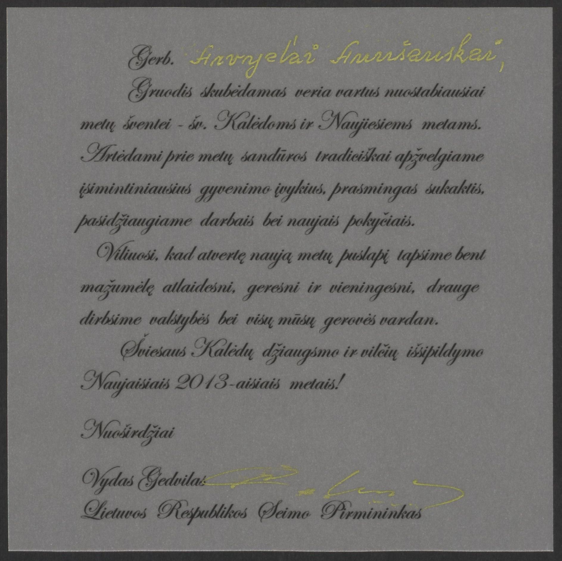 Lietuvos Respublikos Seimo pirmininko Vydo Gedvilo sveikinimas