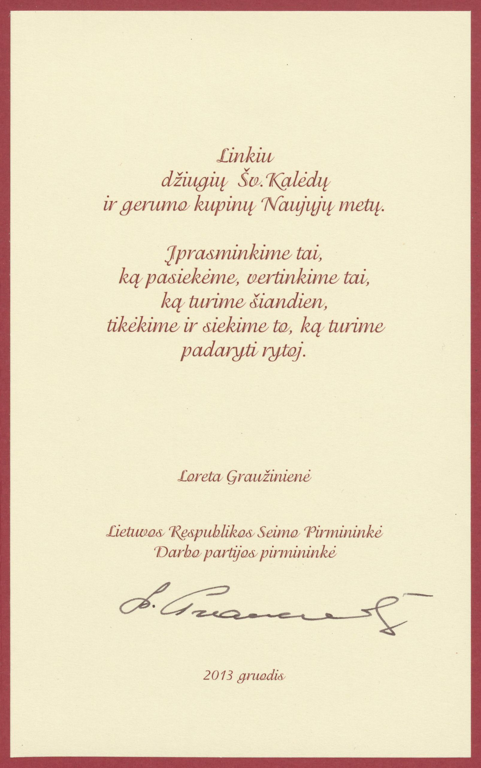 Lietuvos Respublikos Seimo pirmininkės Loretos Graužinienės sveikinimas