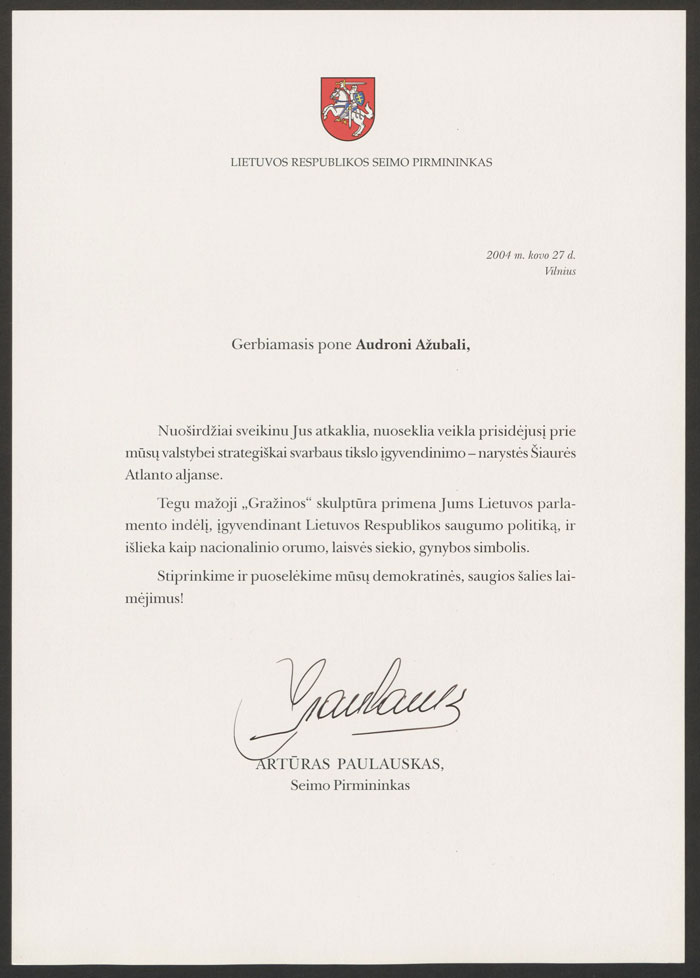 Lietuvos Respublikos Seimo pirmininko Artūro Paulausko padėka Audroniui Ažubaliui už indėlį, įgyvendinant Lietuvos narystę Šiaurės Atlanto aljanse (NATO)