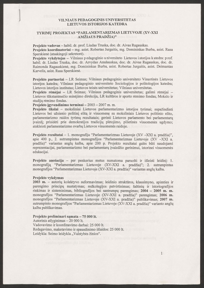 Tyrimų projektas „Parlamentarizmas Lietuvoje (XV–XXI amžiaus pradžia)“