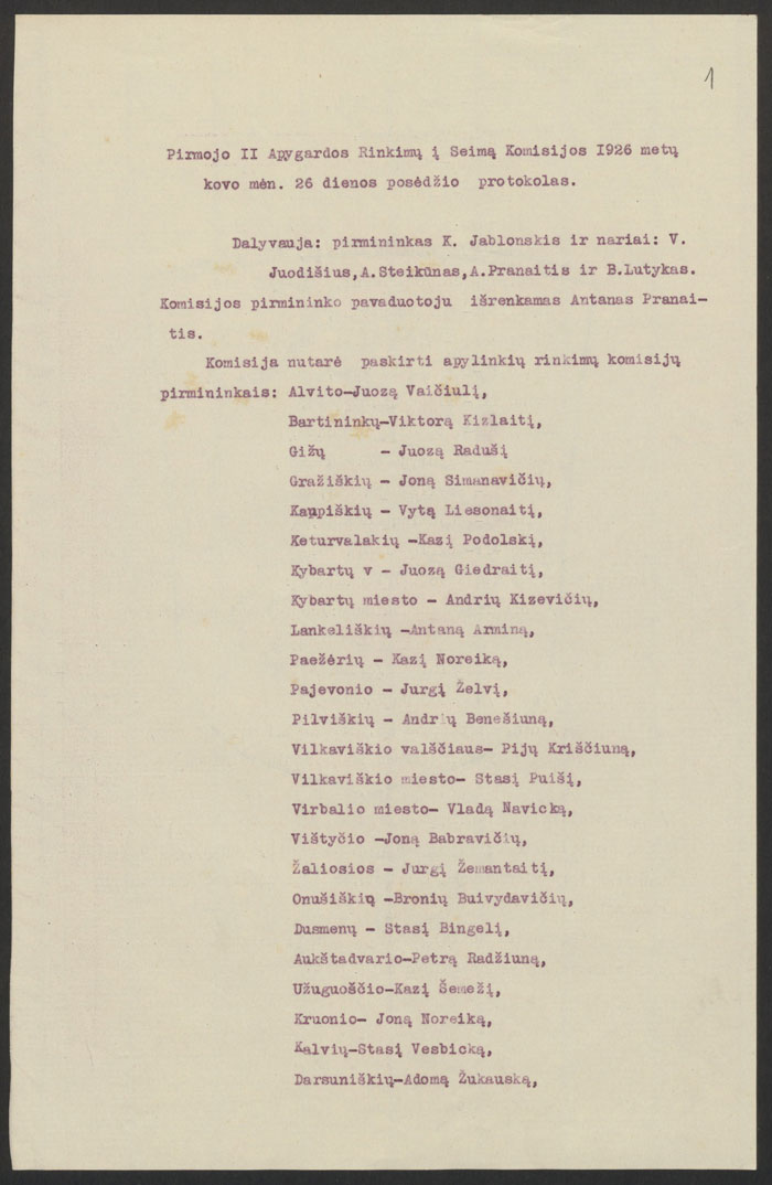 II rinkimų į Seimą apygardos komisijos pirmojo posėdžio 1926 metų kovo 26 d. protokolas