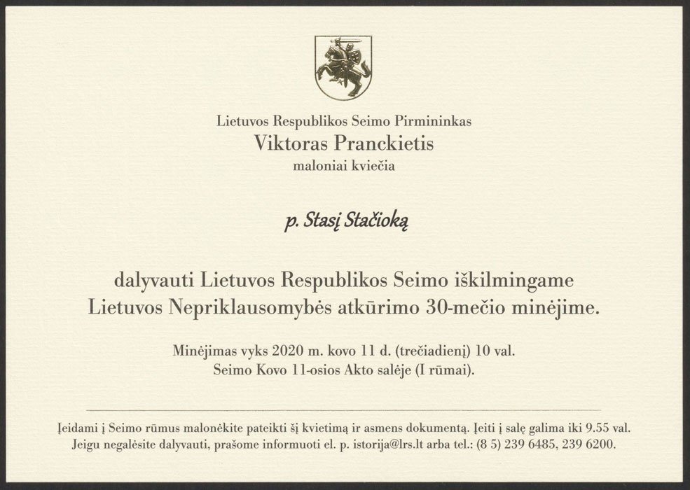 Lietuvos Respublikos Seimo pirmininkas Viktoras Pranskietis kviečia Stasį Stačioką dalyvauti Lietuvos Nepriklausomybės atkūrimo 30-mečio minėjime