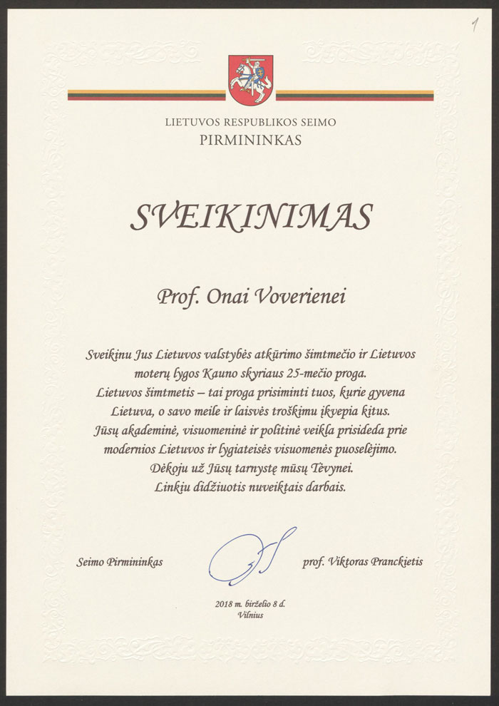 Lietuvos Respublikos Seimo pirmininko Viktoro Pranskiečio sveikinimas, skirtas Onai Voverienei