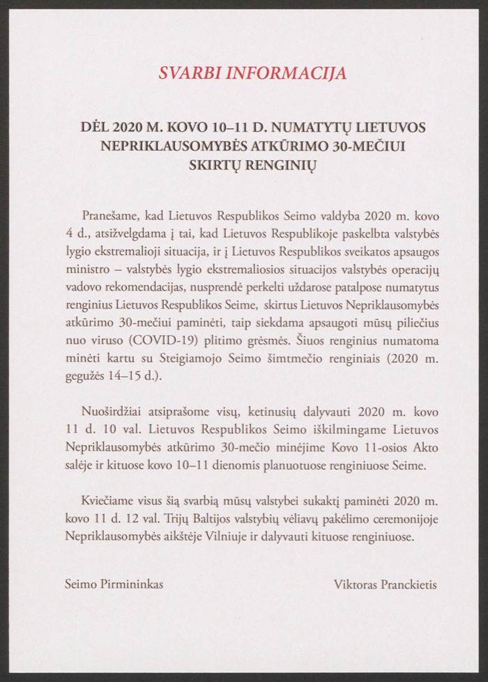 Svarbi informacija. Dėl 2020 m. kovo 10–11 d. numatytų Lietuvos Nepriklausomybės atkūrimo 30-mečiui skirtų renginių