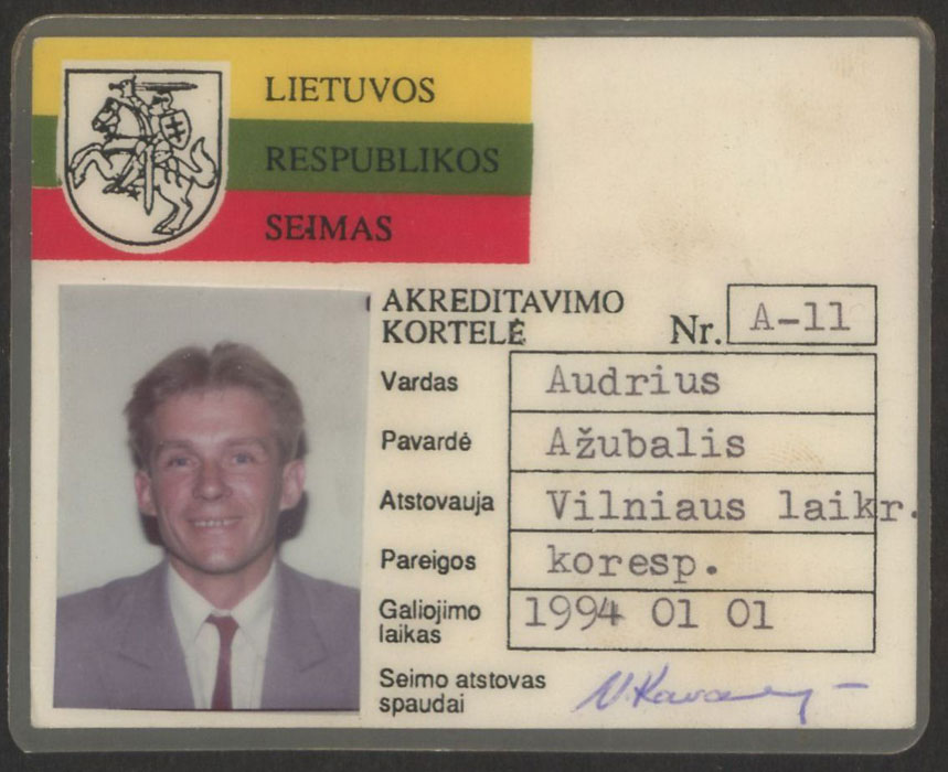 Vilniaus laikraščio korespondento Audroniaus Ažubalio akreditavimo Lietuvos Respublikos Seime kortelė