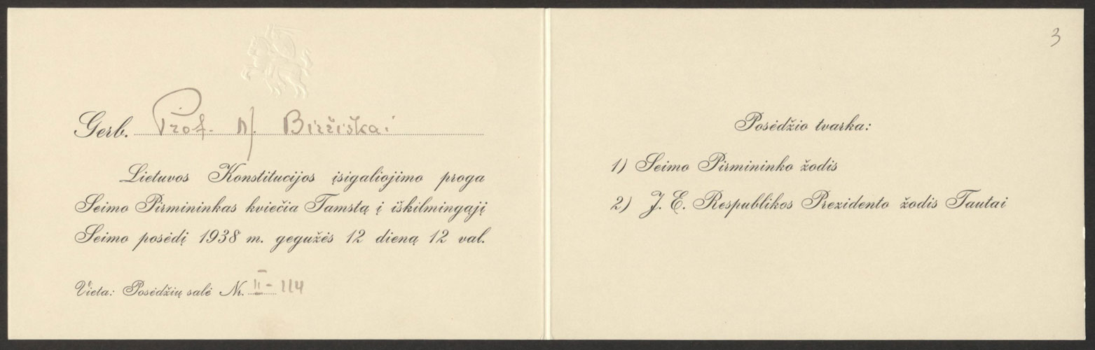 IV Seimo pirmininko kvietimas, skirtas Mykolui Biržiškai