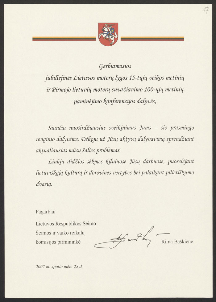 Lietuvos Respublikos Seimo Šeimos ir vaiko reikalų komisijos pirmininkės Rimos Baškienės pasirašytas padėkos Lietuvos moterų lygai raštas