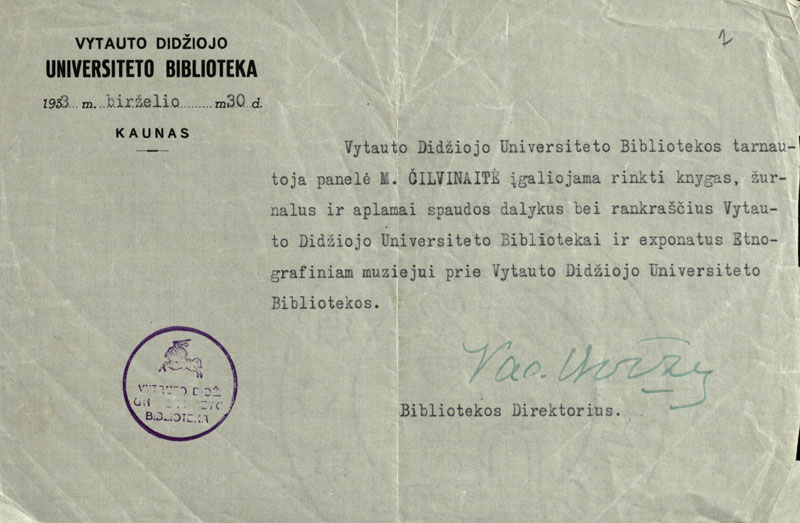 VDU bibliotekos direktoriaus Vaclovo Biržiškos pasirašytas pažymėjimas