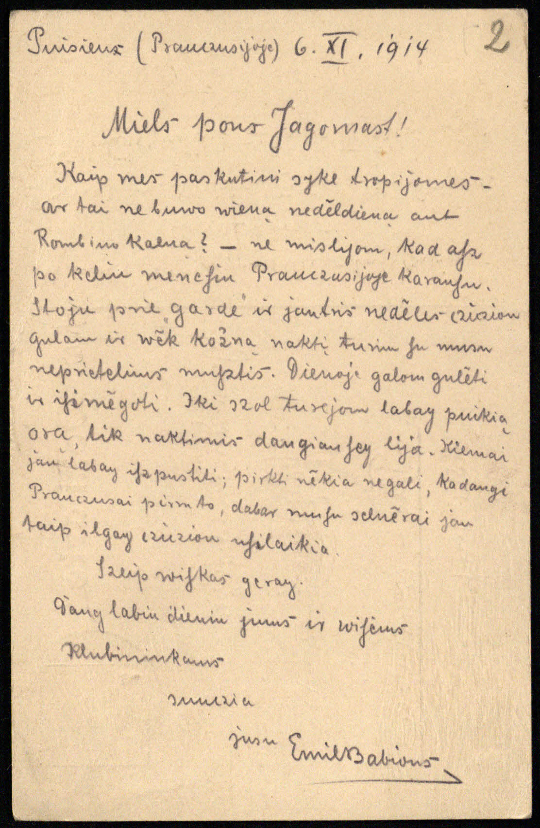Kareivio Emilio Babiono laiškas Enziui Jagomastui iš Prancūzijos. 1914 11 06
