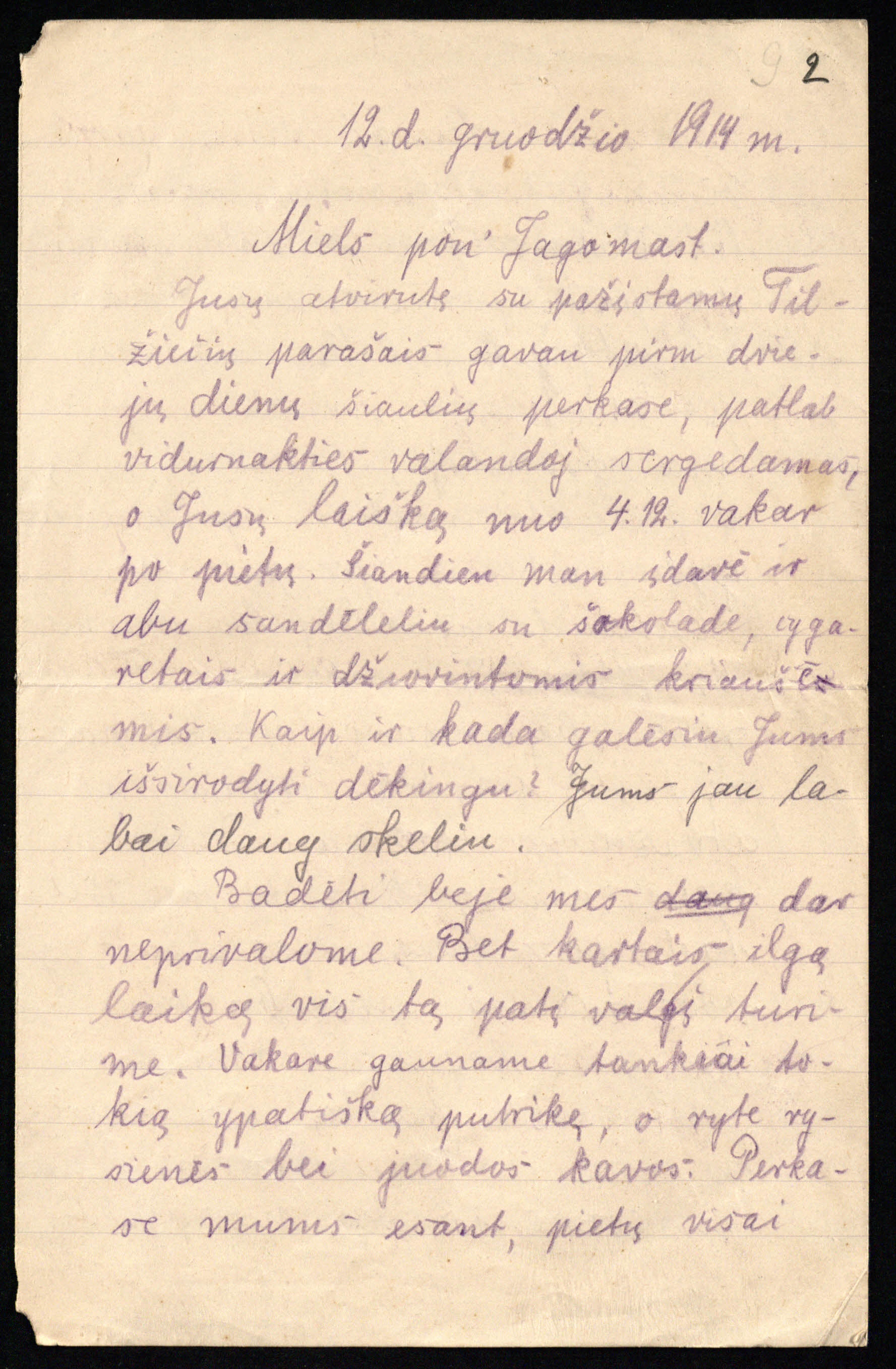 Kareivis Viktoras Gailius laiške Enziui Jagomastui rašo apie nelengvą karių dalią apkasuose. 1914 12 12