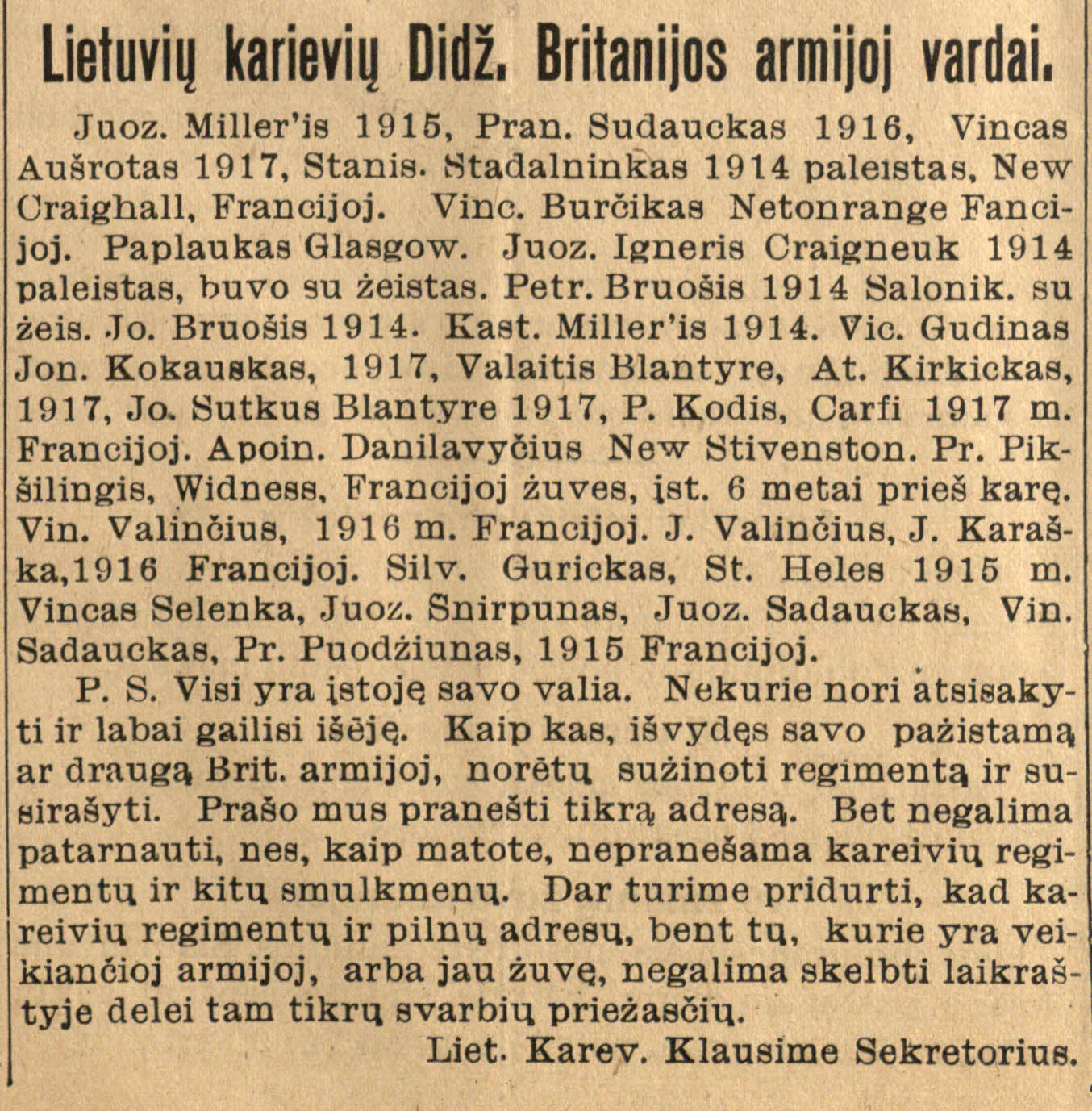 Amerikos lietuvių katalikų savaitinis laikraštis pateikė kai kurių lietuvių, tarnaujančių Didžiosios Britanijos kariuomenėje, sąrašą