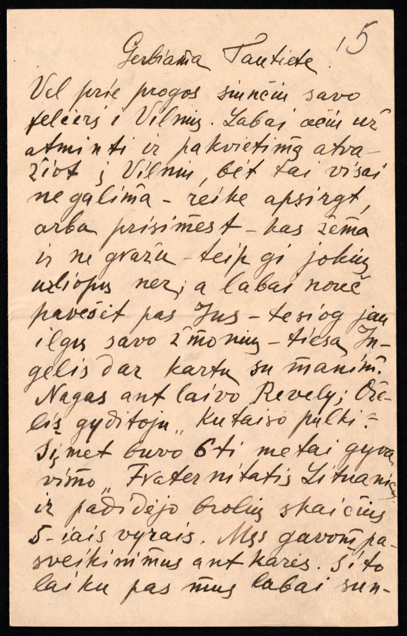Rusijos kariuomenės gydytojo Prano Sližio laiške Emilijai Vileišienei rašoma apie Fraternitas Lituanica kolegas įvairiuose kariuomenės daliniuose, siunčiamus pinigus lietuviškoms draugijoms. 1914 11 28
