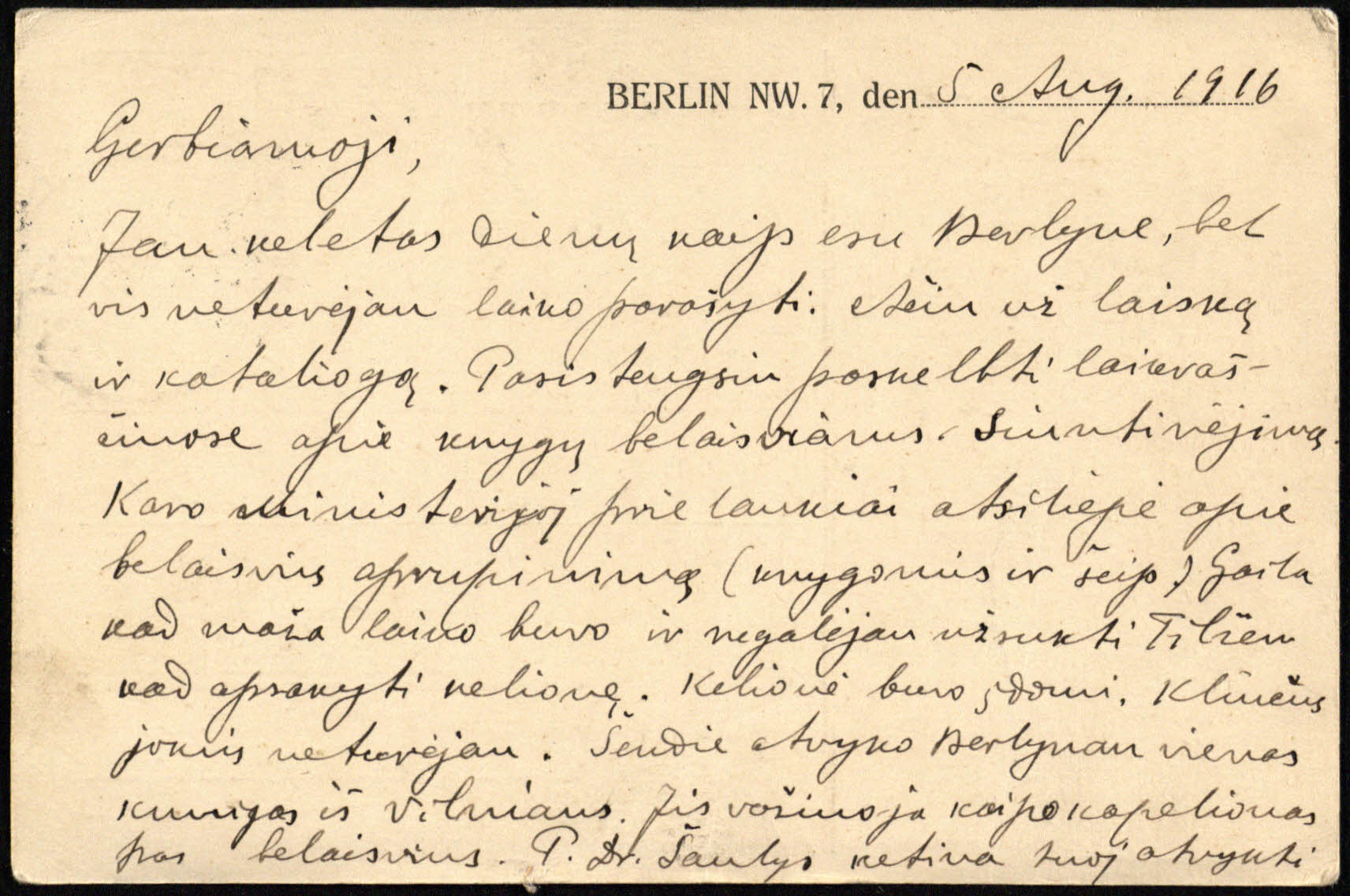 A. Giedraičio laiškas Onai Jagomastaitei į Tilžę apie belaisvių aprūpinimą lietuviškomis knygomis. Berlynas, 1916 08 05