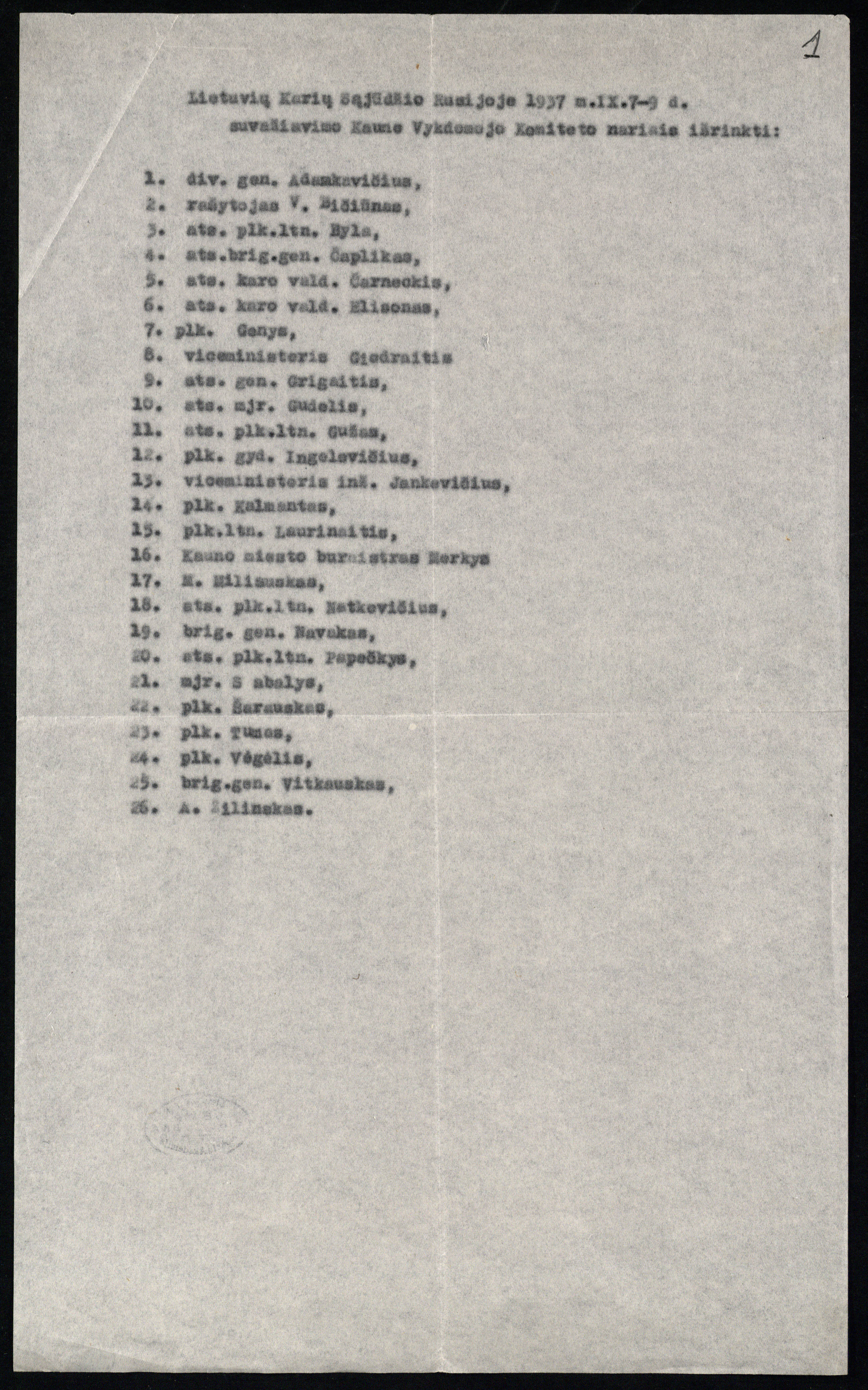Lietuvių karių sąjūdžio Rusijoje 1937 m. rugsėjo 7–9 d. suvažiavimo Kaune išrinktų Vykdomojo komiteto nariais sąrašas