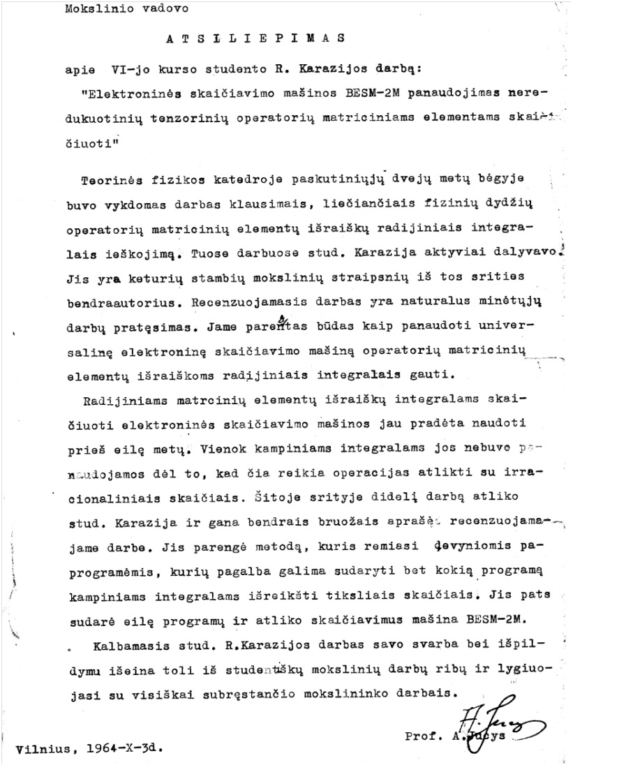 Mokslinio vadovo atsiliepimas apie studento darbą, 1964 m.