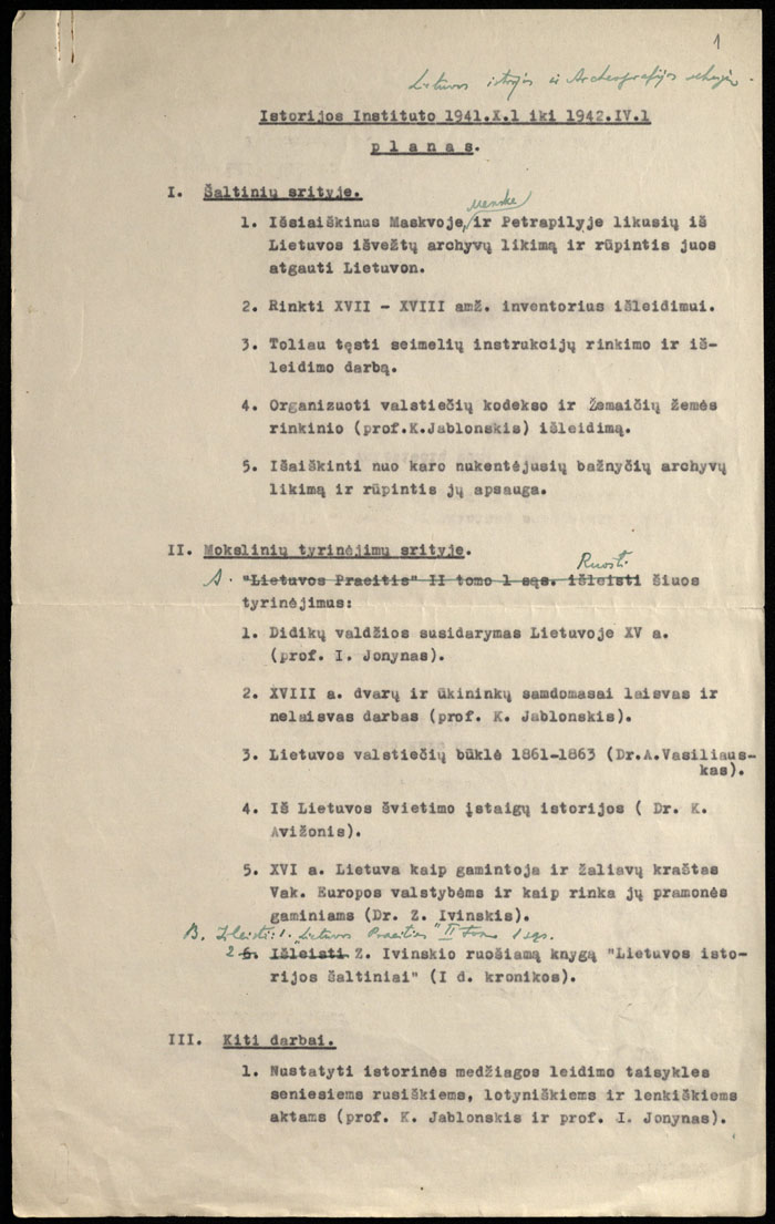 Istorijos instituto 1941.X.1 iki 1942.IV.1 planas