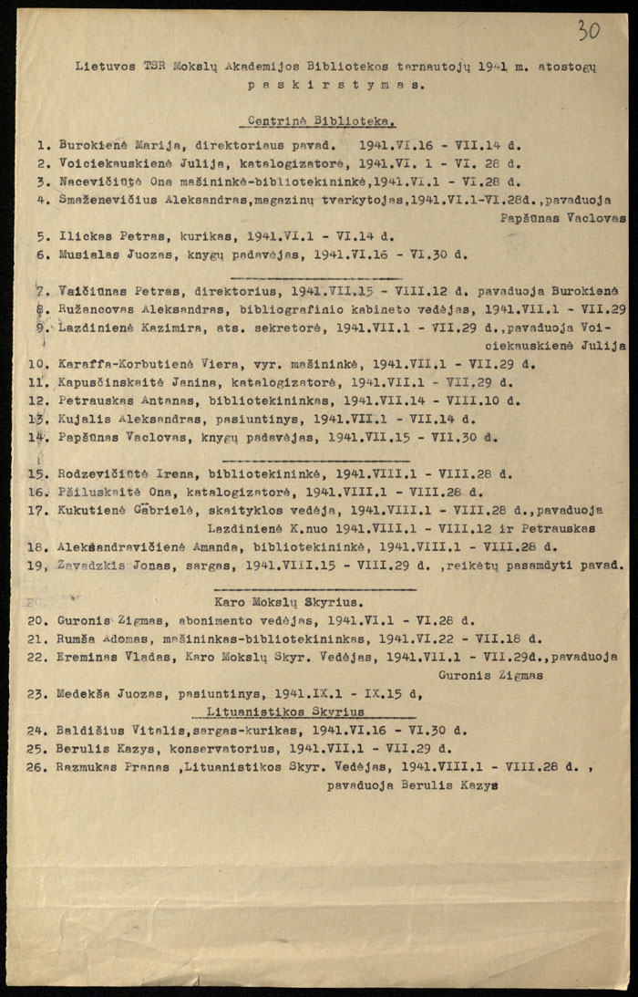 Lietuvos TSR mokslų akademijos bibliotekos tarnautojų 1941 m. atostogų paskirstymas