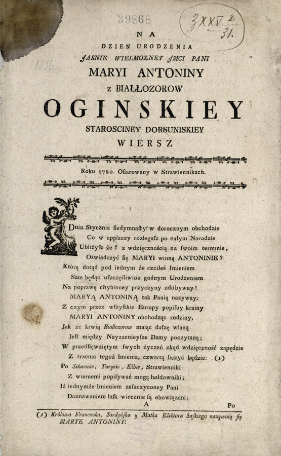 Na dzien urodzenia Jasnie Wielmozney Jmci Pani Maryi Antoniny z Białłozorow Oginskiey […]