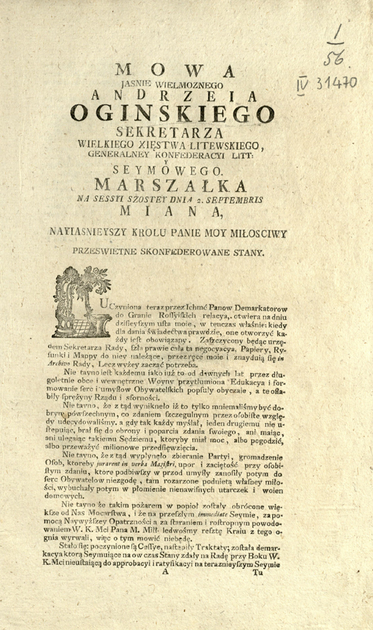 Mowa Jasnie Wielmoznego Andrzeia Oginskiego, sekretarza Wielkiego Xięstwa Litewskiego ... 