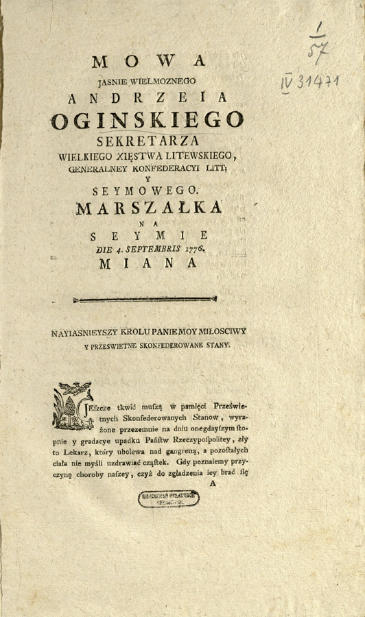 Mowa Jasnie Wielmoznego Andrzeia Oginskiego, sekretarza Wielkiego Xięstwa Litewskiego ... 