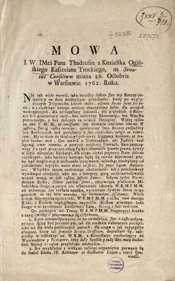 Mowa I. W. Imci Pana Tadeusza z Kozielska Oginskiego Kasztelana Trockiego […]