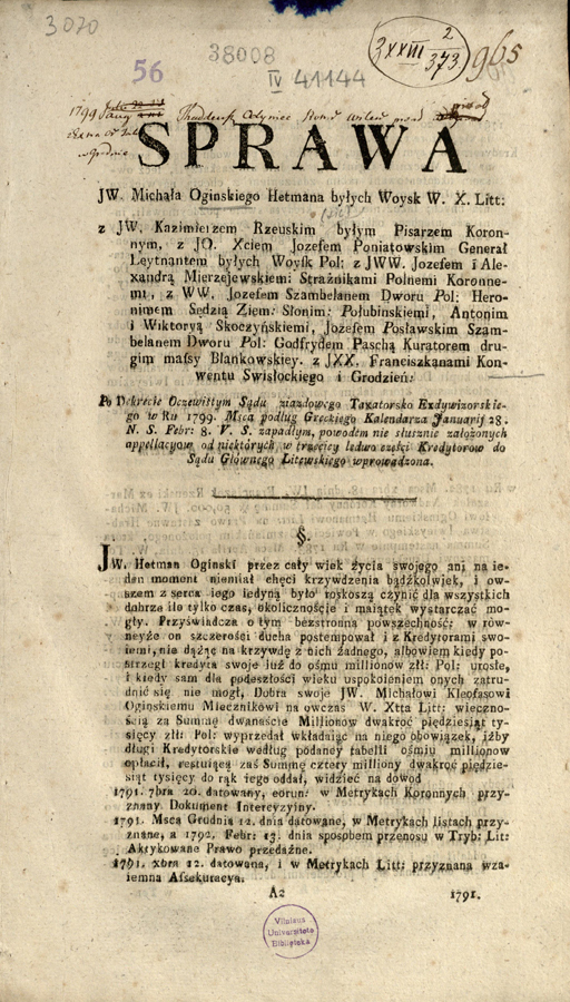 Sprawa JW. Michała Oginskiego hetmana byłych woysk […]