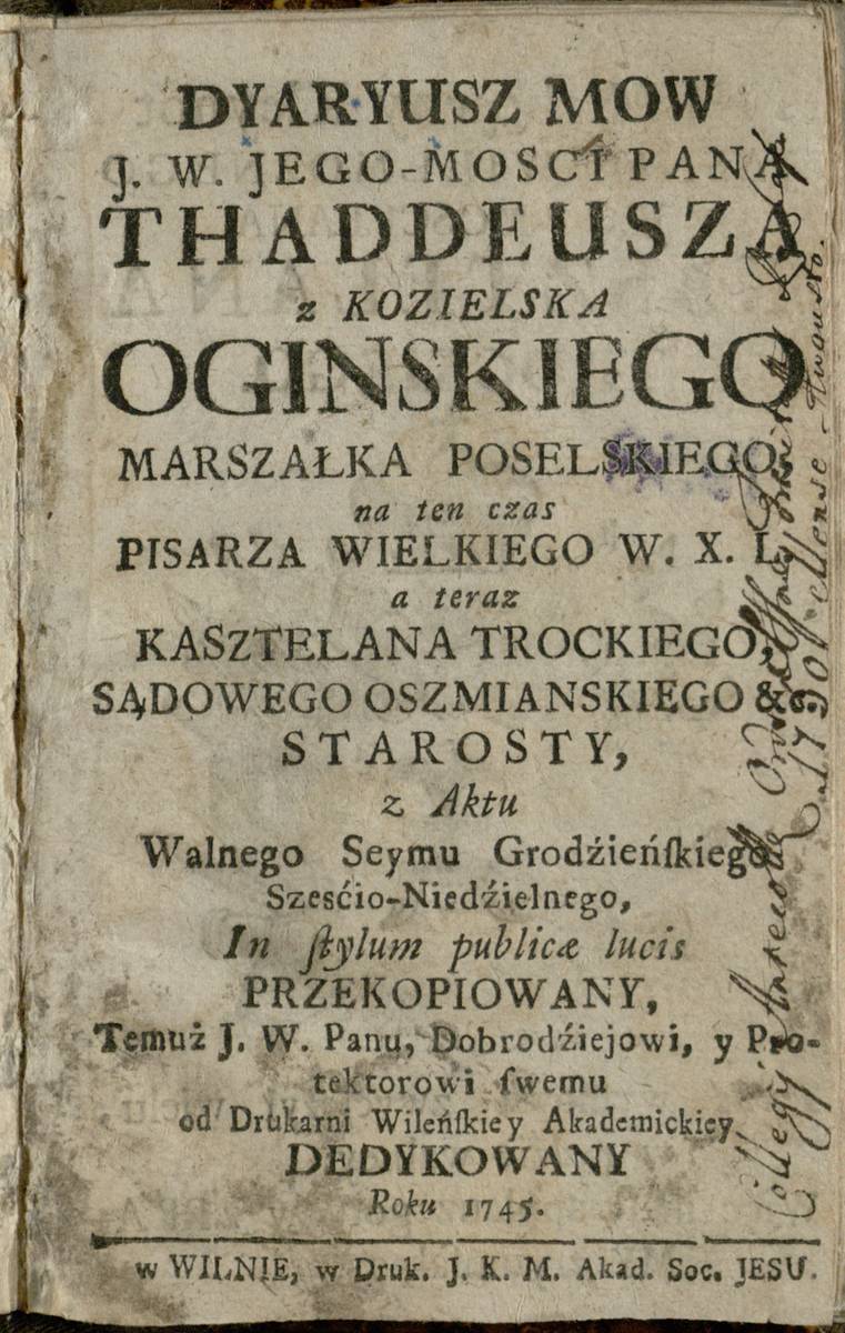 Dyaryusz mow J. W. Jego-Mosci Pana Thaddeusza z Kozielska Oginskiego Marszałka Poselskiego […]