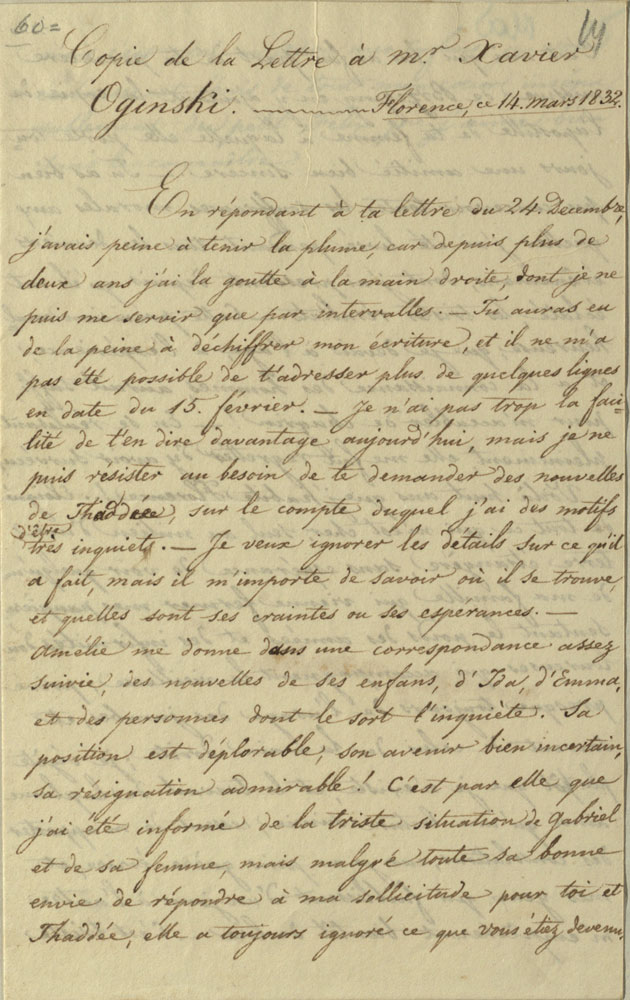 Mykolo Kleopo Oginskio laiškas sūnui Pranciškui Ksaverui Oginskiui