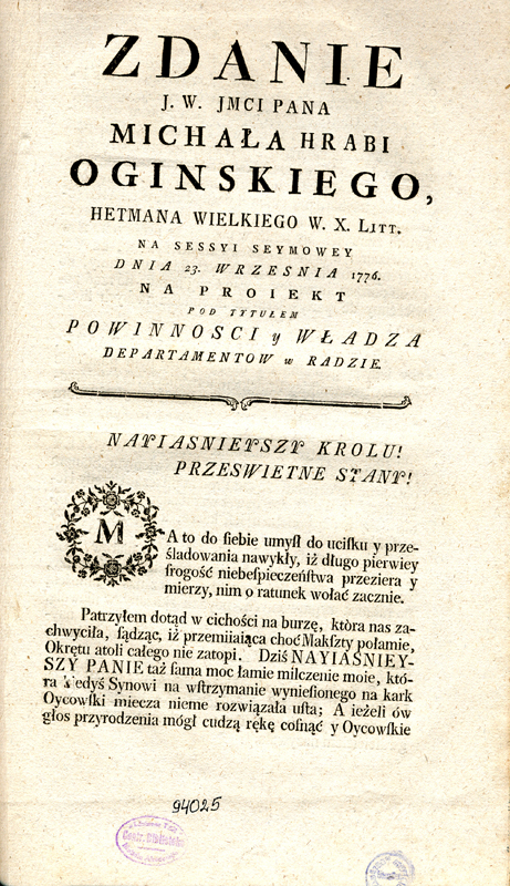 Zdanie … Michała hrabi Oginskiego, hetmana wielkiego W. X. Lit.