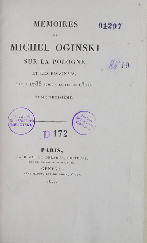 Mémoires de Michel Oginski sur la Pologne et les polonais, depuis 1788 jusqu’a la fin de 1815 [3]