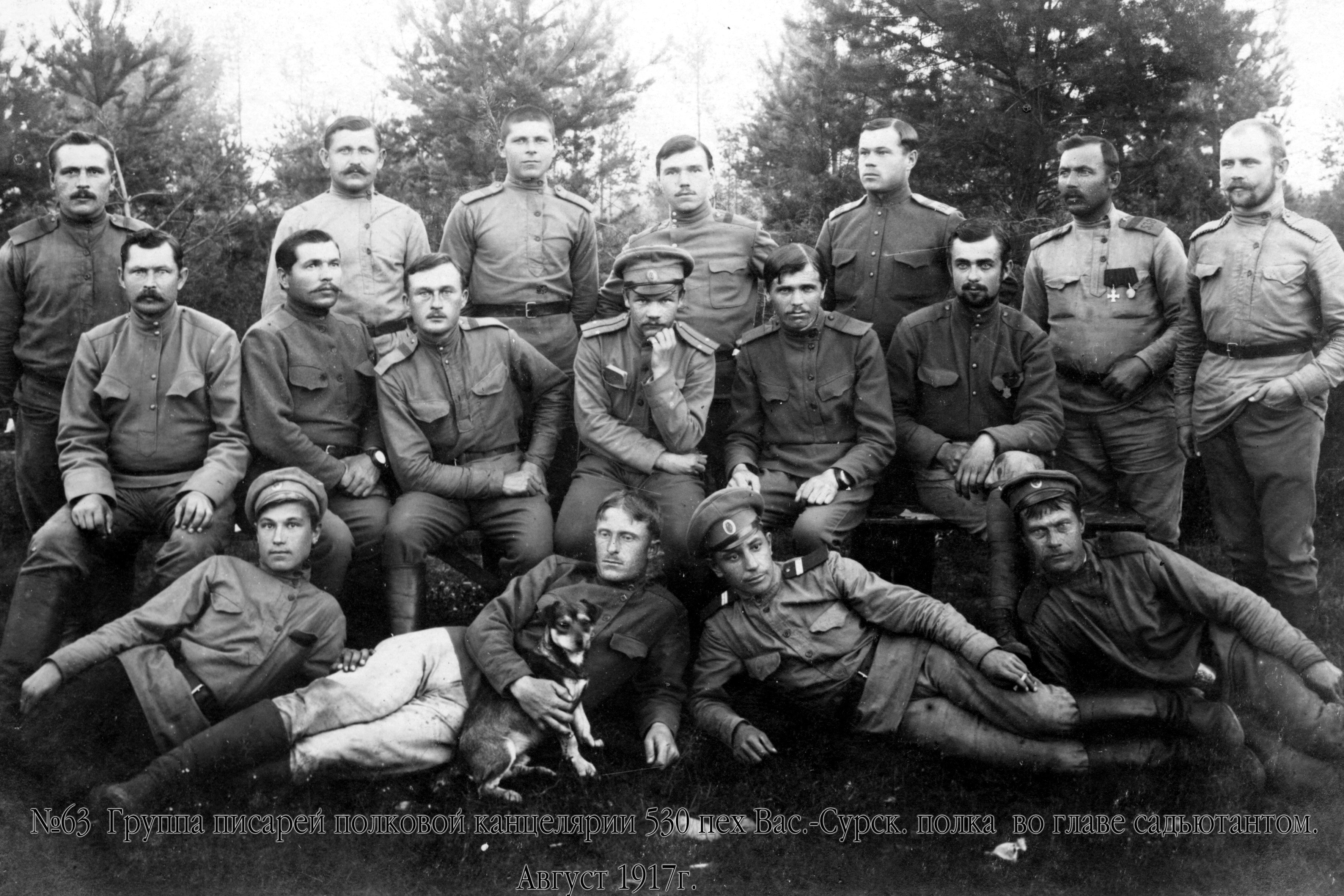 530-ojo Vasilsursko pėstininkų pulko kanceliarijos raštininkai su adjutantu. 1917 m. rugpjūčio mėn.