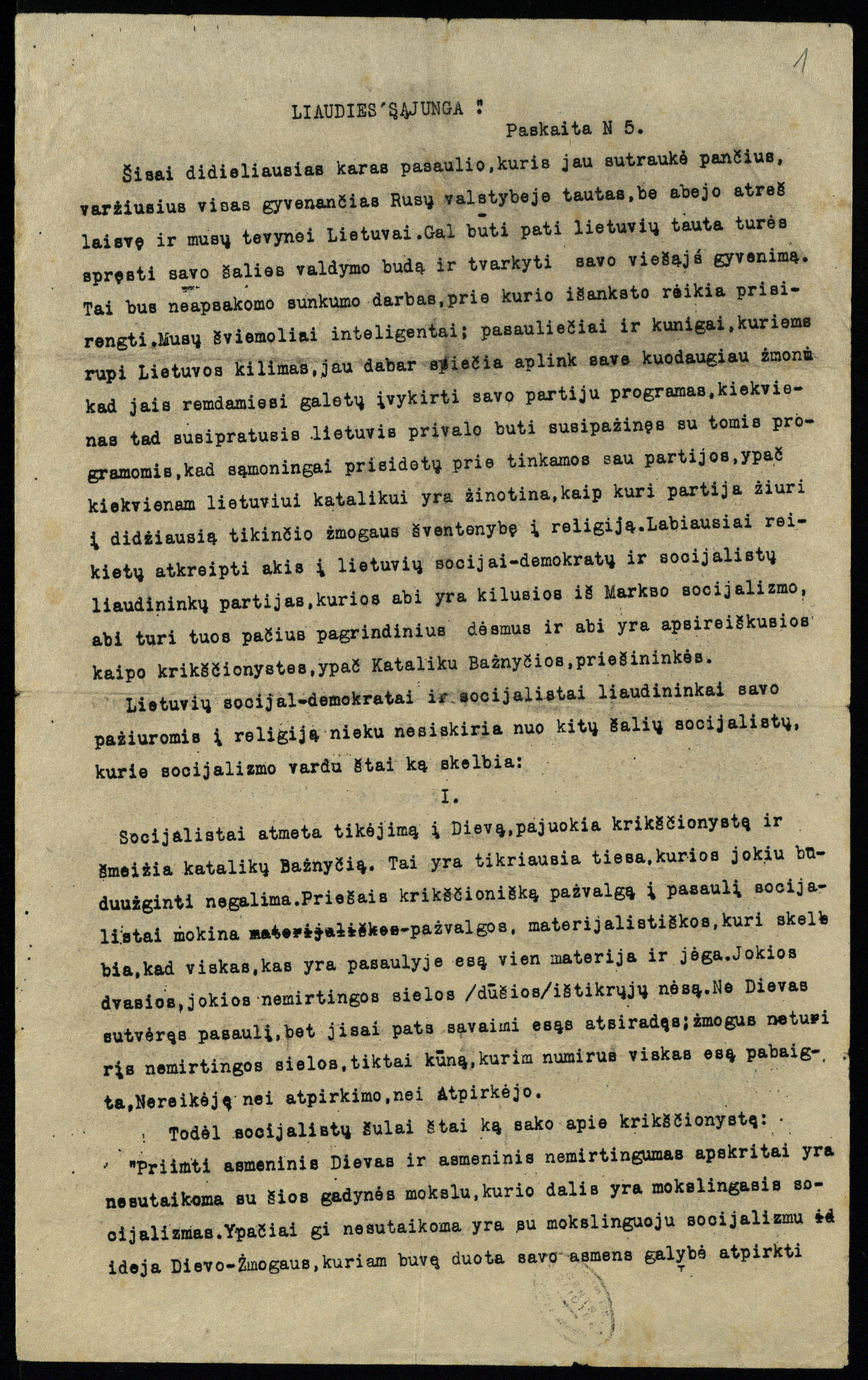 Liaudies sąjungos 5-oji paskaita, kurioje polemizuojama su socialistais. LMAVB RS, F237-69, lap. 1r.