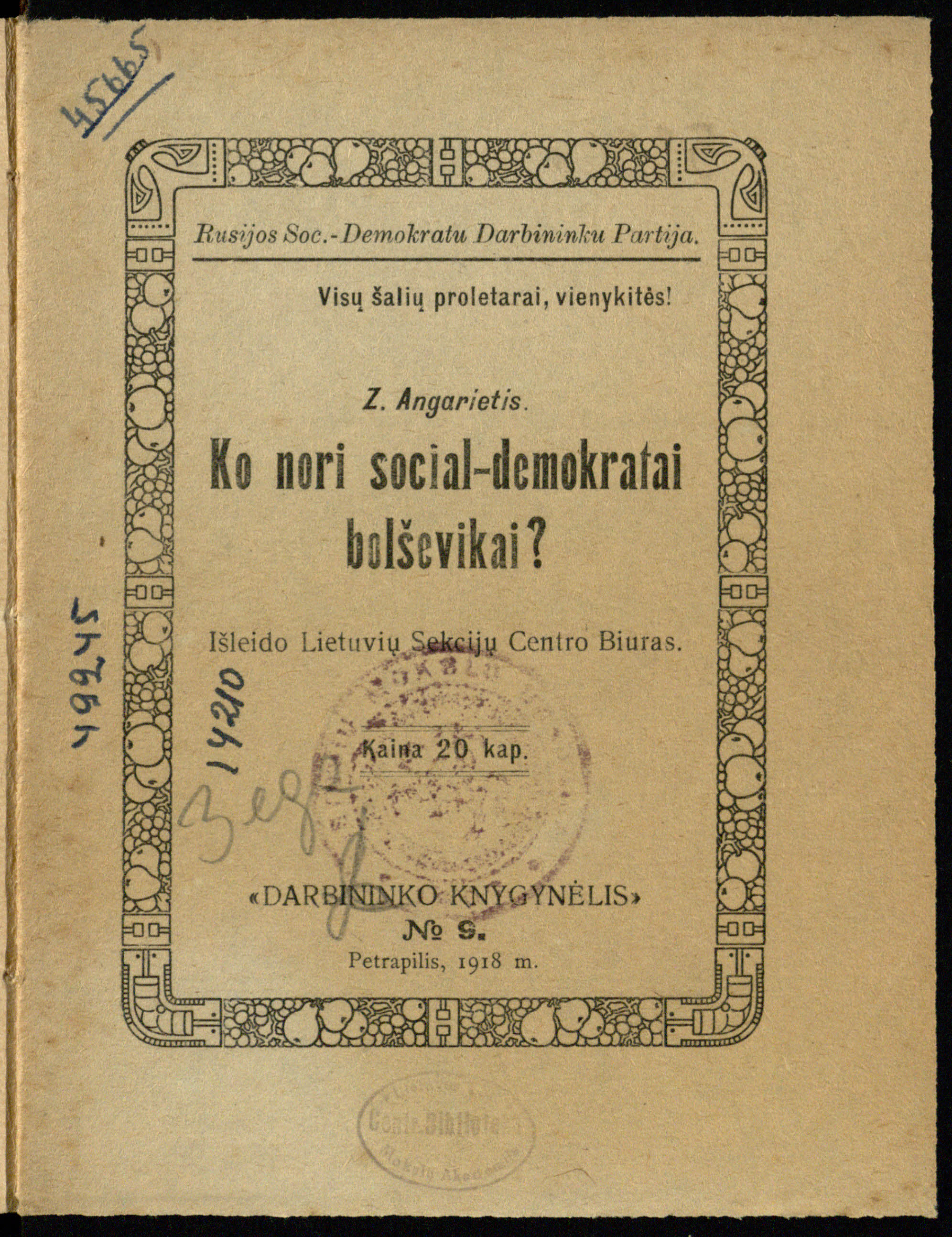 Zigmo Angariečio brošiūra <b>Ko nori social-demokratai bolševikai?</b> (Voronežas, 1918)