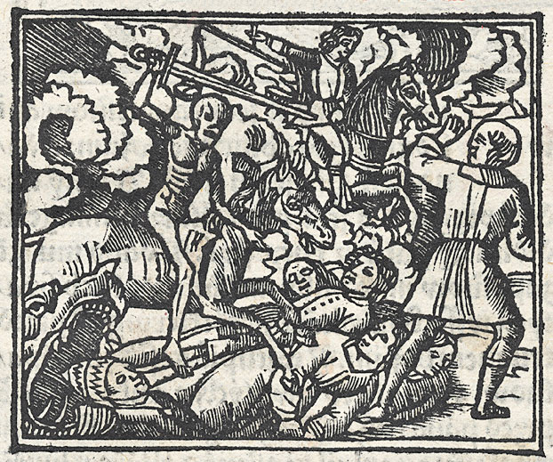 A wood engraving from the <i>Venetian Bible</i> of 1506 depicting a scene from the Apocalypse. SK