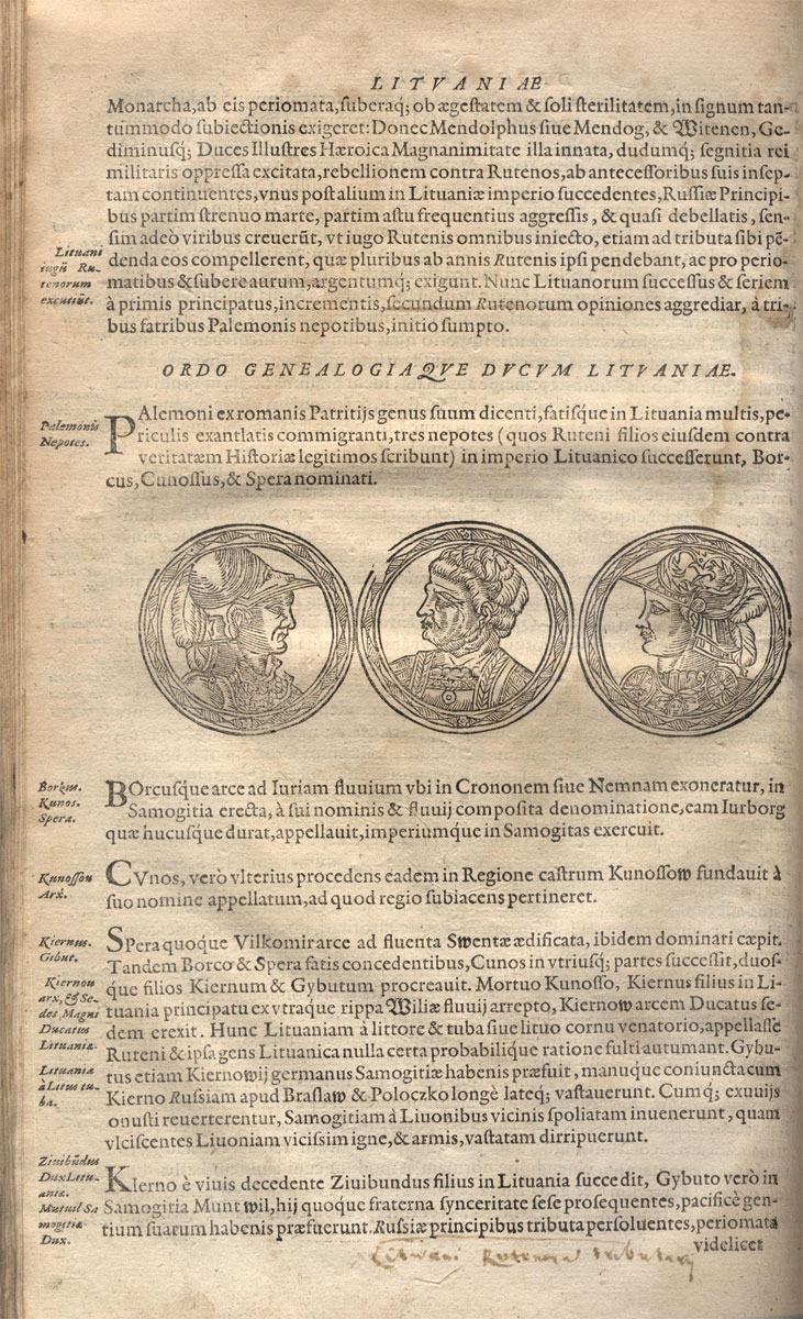 Pasakojimas apie lietuvių kilmę iš romėnų, iliustruotas legendinių lietuvių protėvių atvaizdais. 1581. LMAVB
