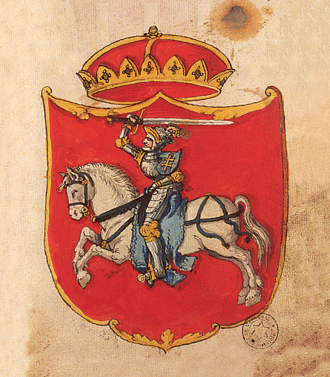 The coat of arms of the GDL, the image from the <i>Arsenal Armorial</i> (a transcript of <i>Stemmata Polonica</i> by Jan Dlugosz). Circa 1555. BnF BA