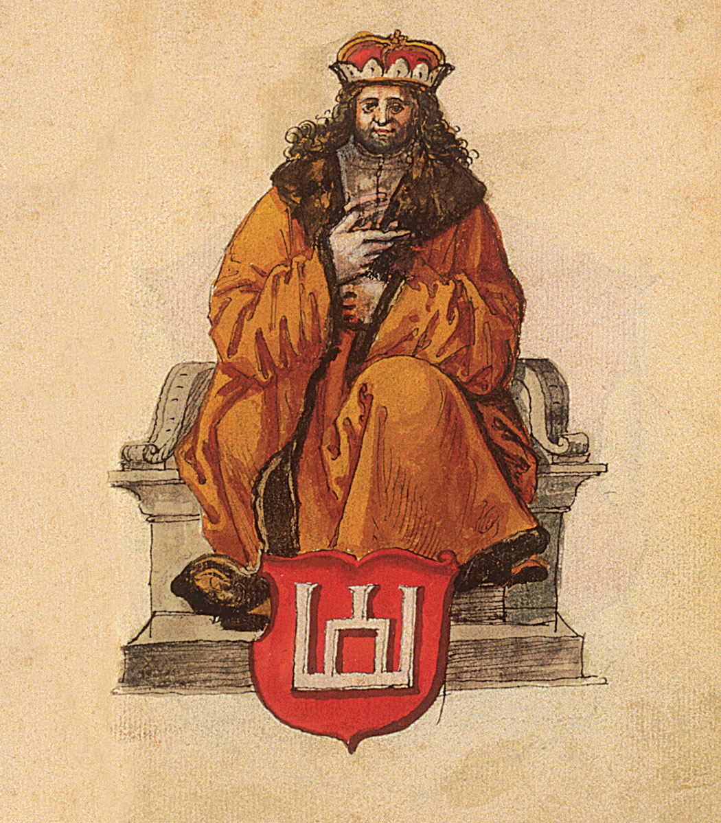 Lietuvos valdovas, vaizdas iš <i>Arsenalo Herbyno</i> (Jano Dlugošo <i>Stemmata Polonica</i> nuorašas). Apie 1555 m. BnF BA